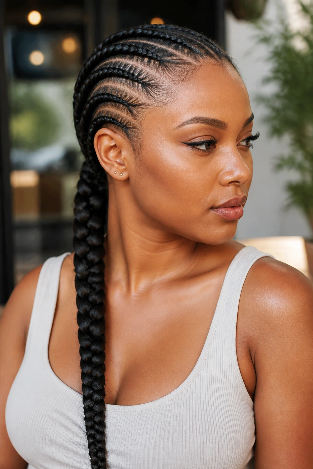 Close-up side cornrows flowing into a long braid on a real woman