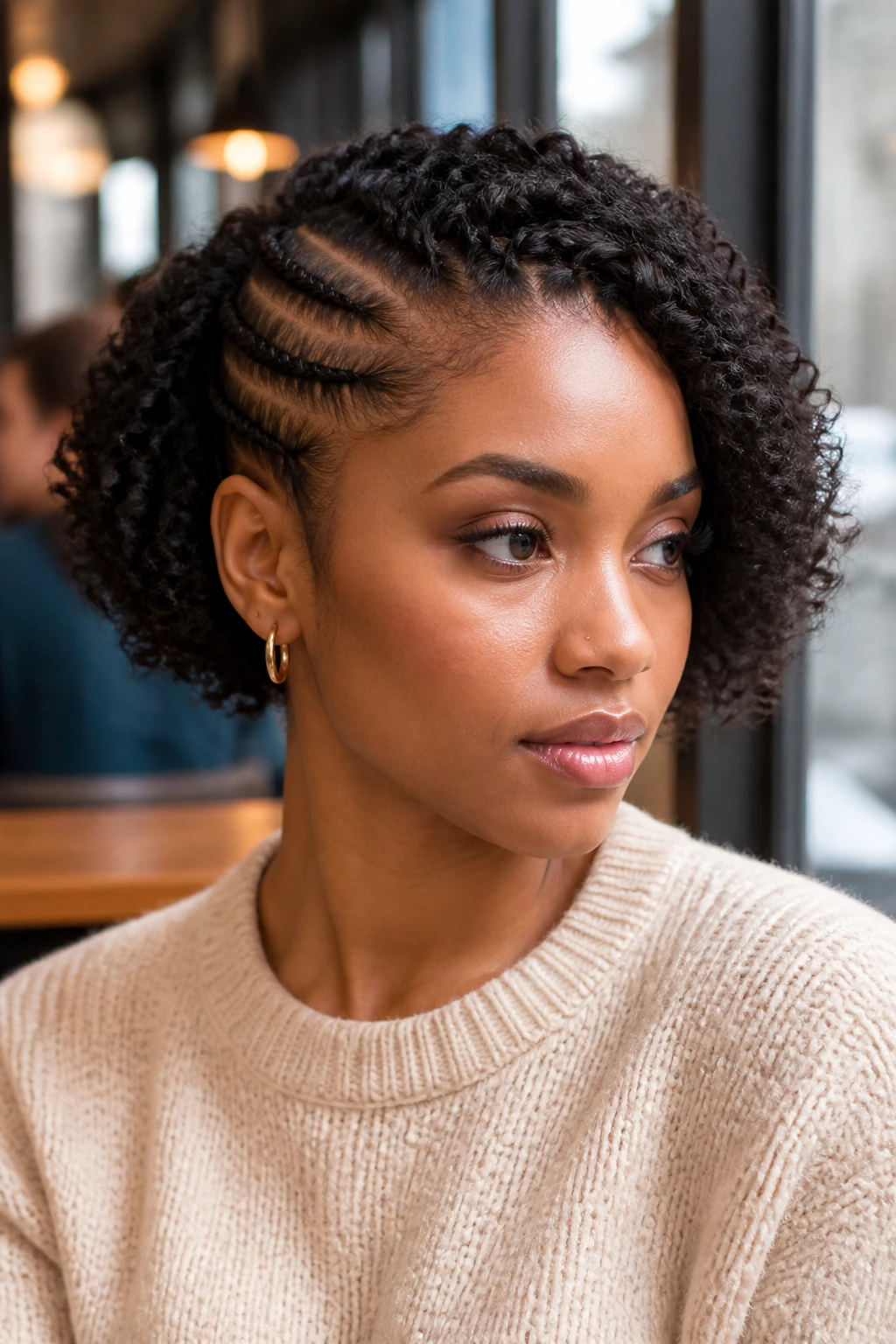 Close-up of side cornrows tucked into a short curly bob on a real person