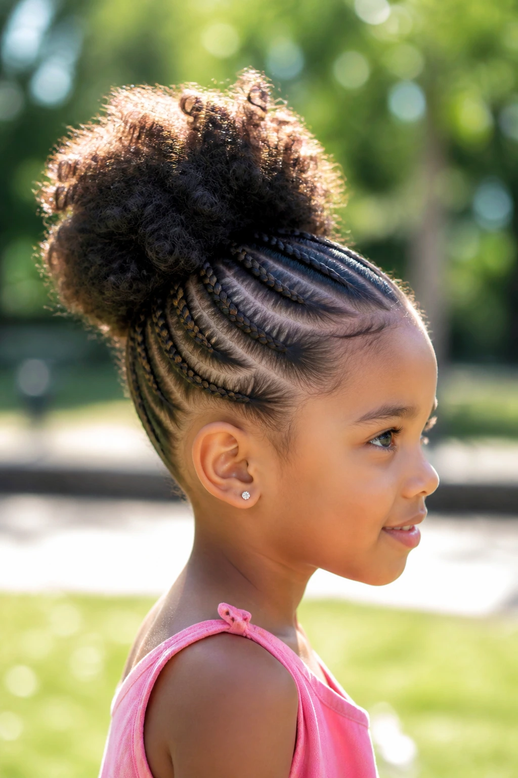 Side profile of a child with side cornrows and a high puff