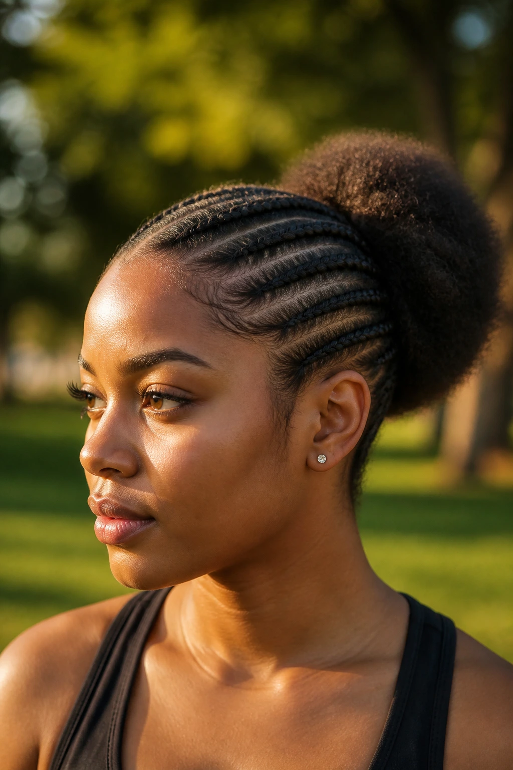 Close-up of a woman with side cornrows and a puff