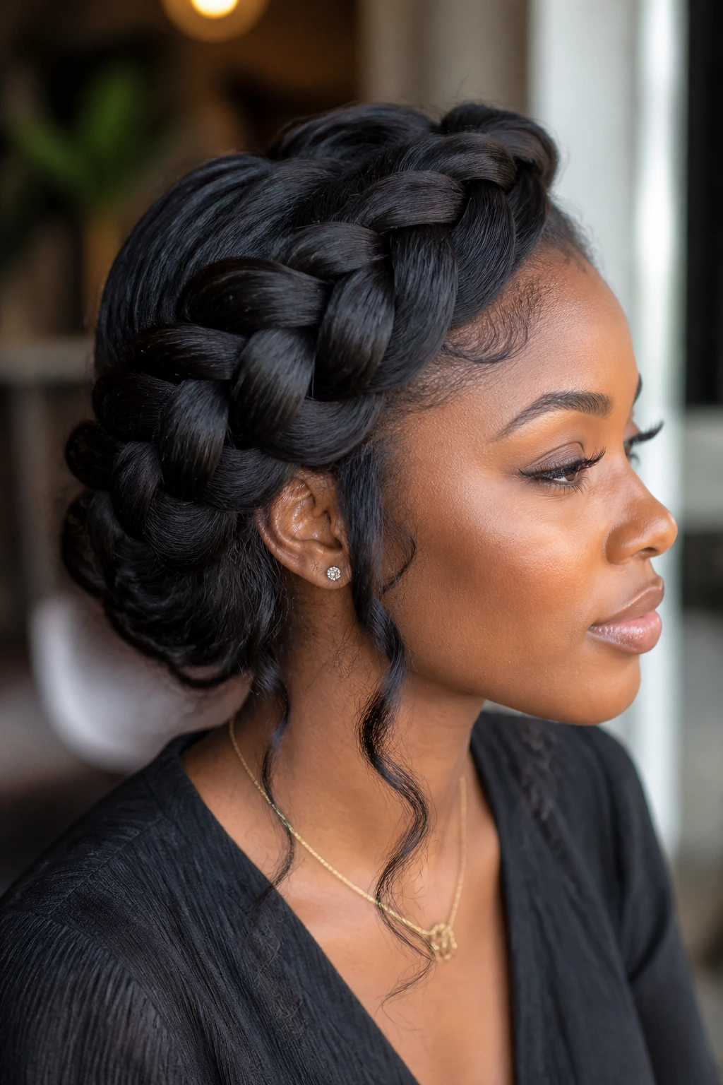 Profile view of a side crown Dutch braid sweeping across the head