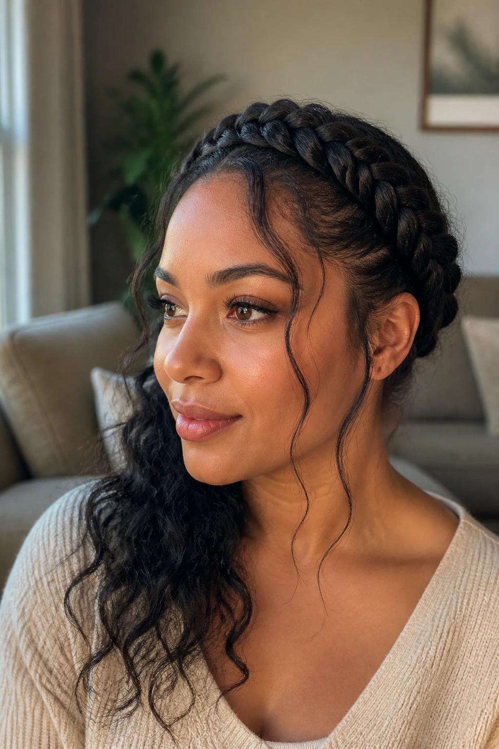 Close-up of a real woman wearing a side crown braid with loose tendrils around the temples in warm window light.