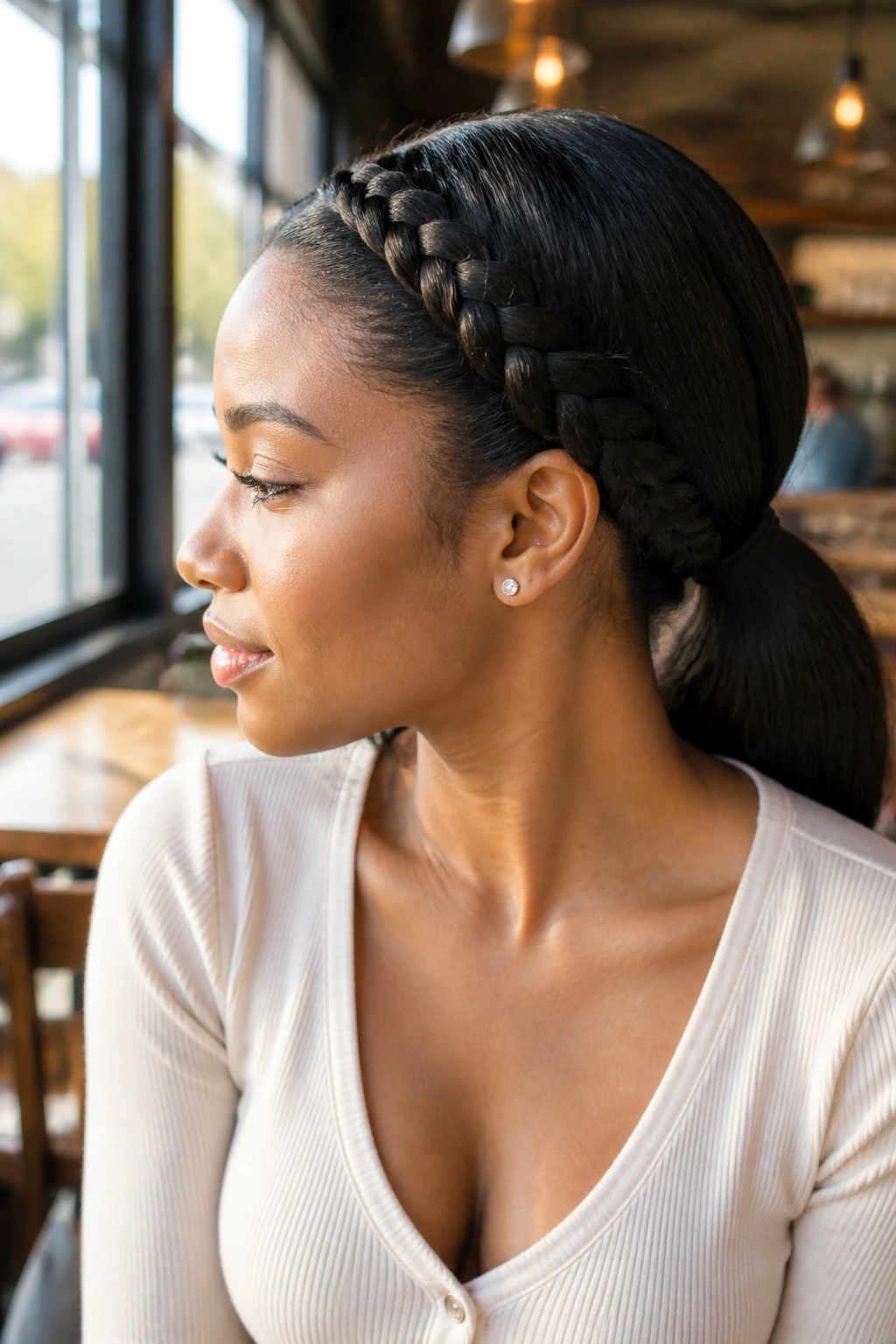 Close-up of a person with side crown braid flowing into a low ponytail in a cafe setting