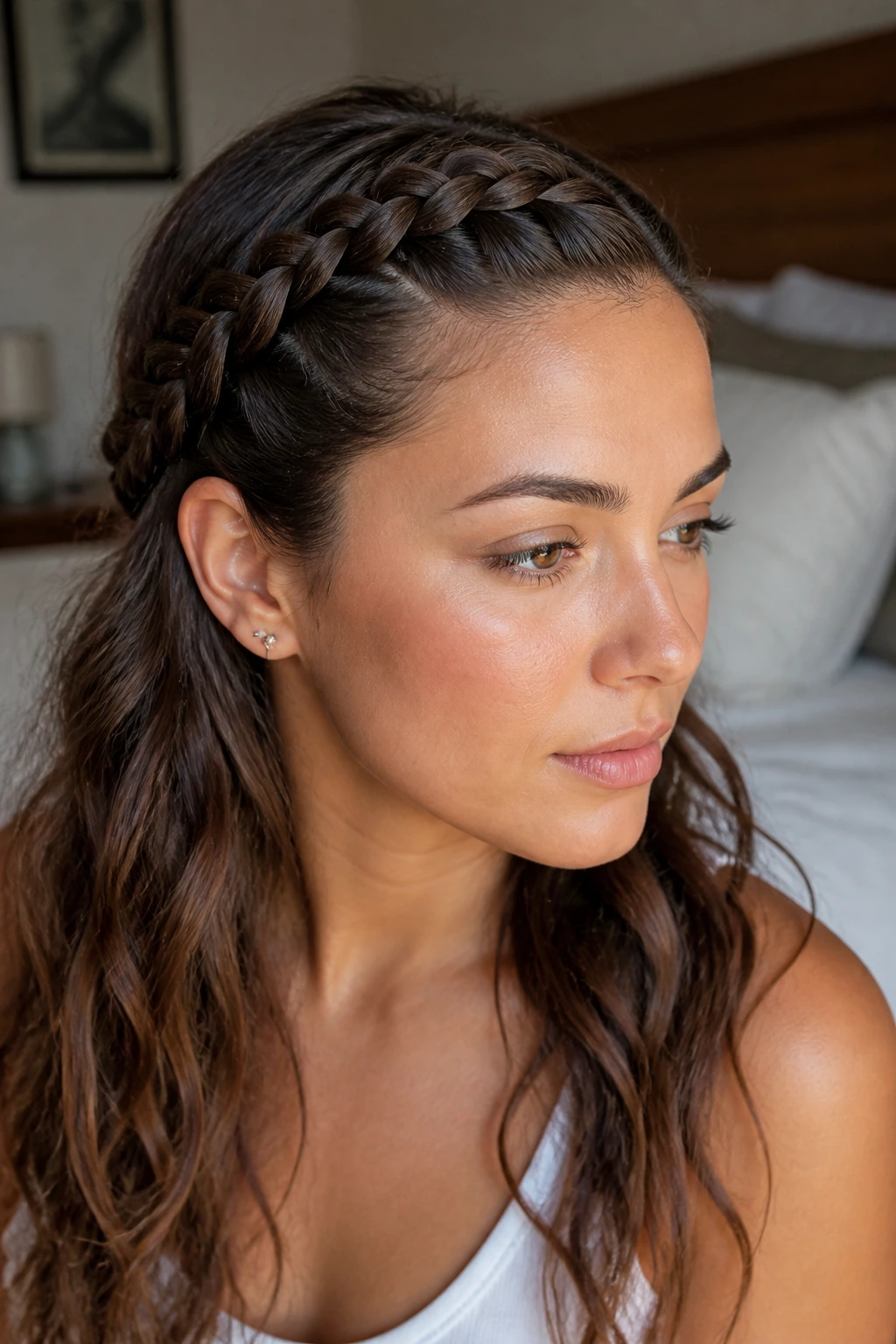 Close-up of a real woman with a side crown braid along the temple in soft window light