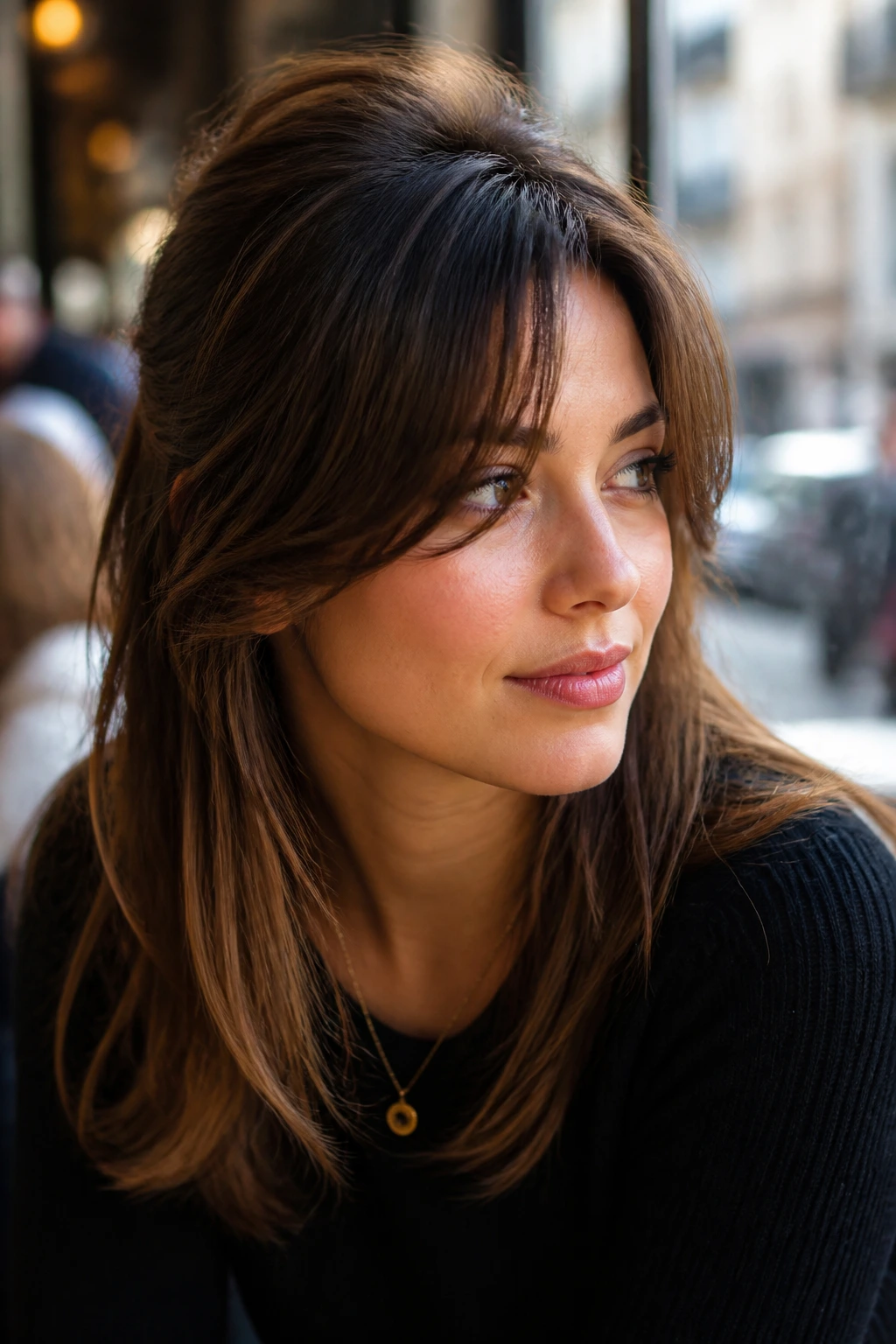Real person wearing side curtain bangs with crown lift