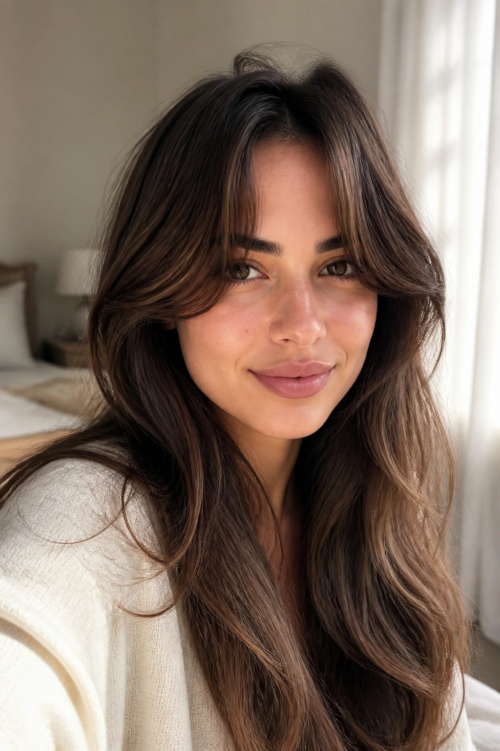 Close-up portrait of a real woman with side curtain bangs and a middle split, warm window-light bedroom