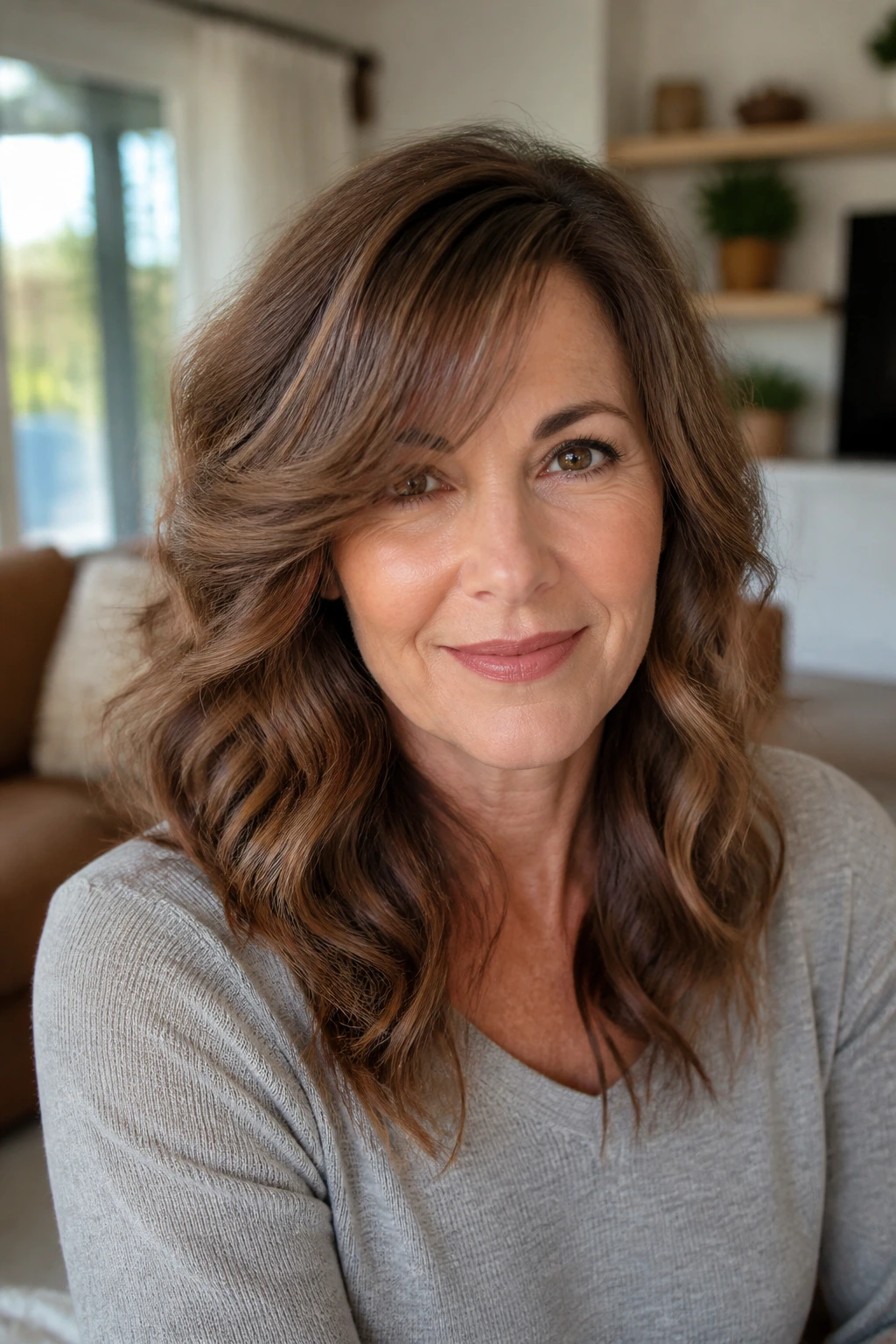 Close-up of a real woman with side curtain fringe in a cozy setting