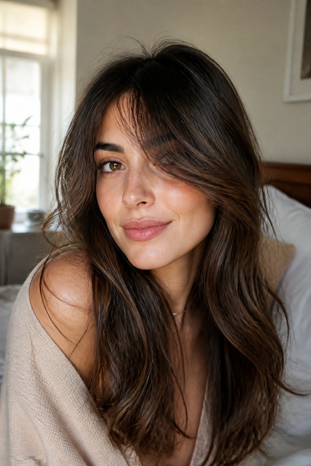 Close-up of a real woman wearing a lived-in side curtain fringe in warm window light
