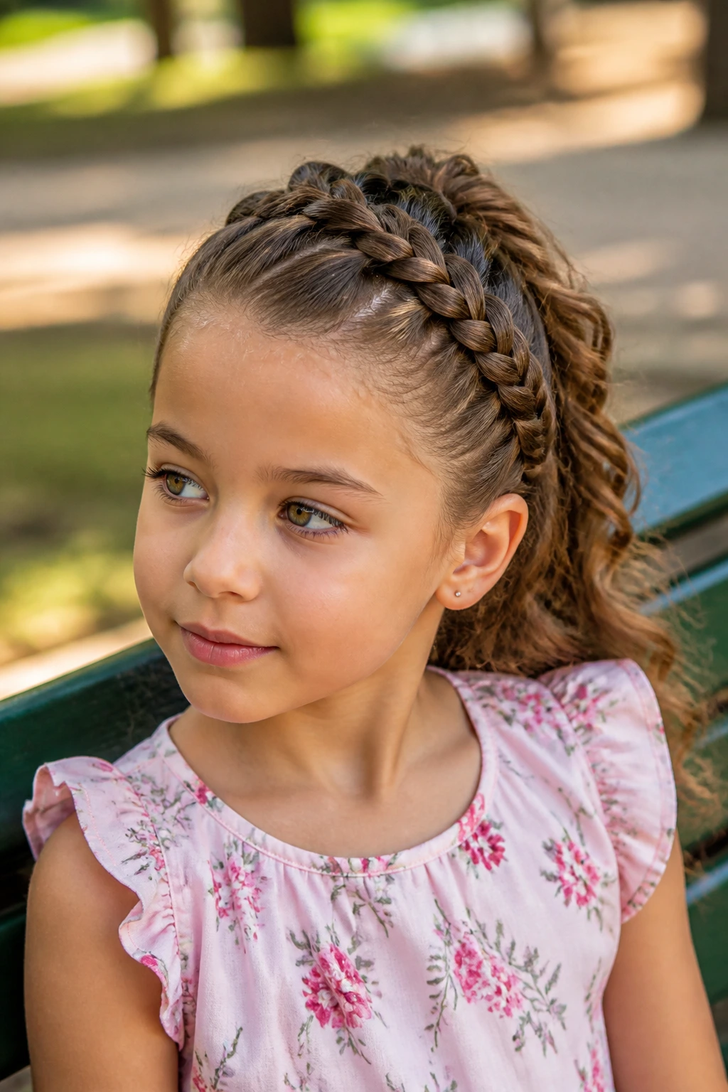 Three-quarter view of a real girl with a side-feed French hawk hairstyle outdoors.