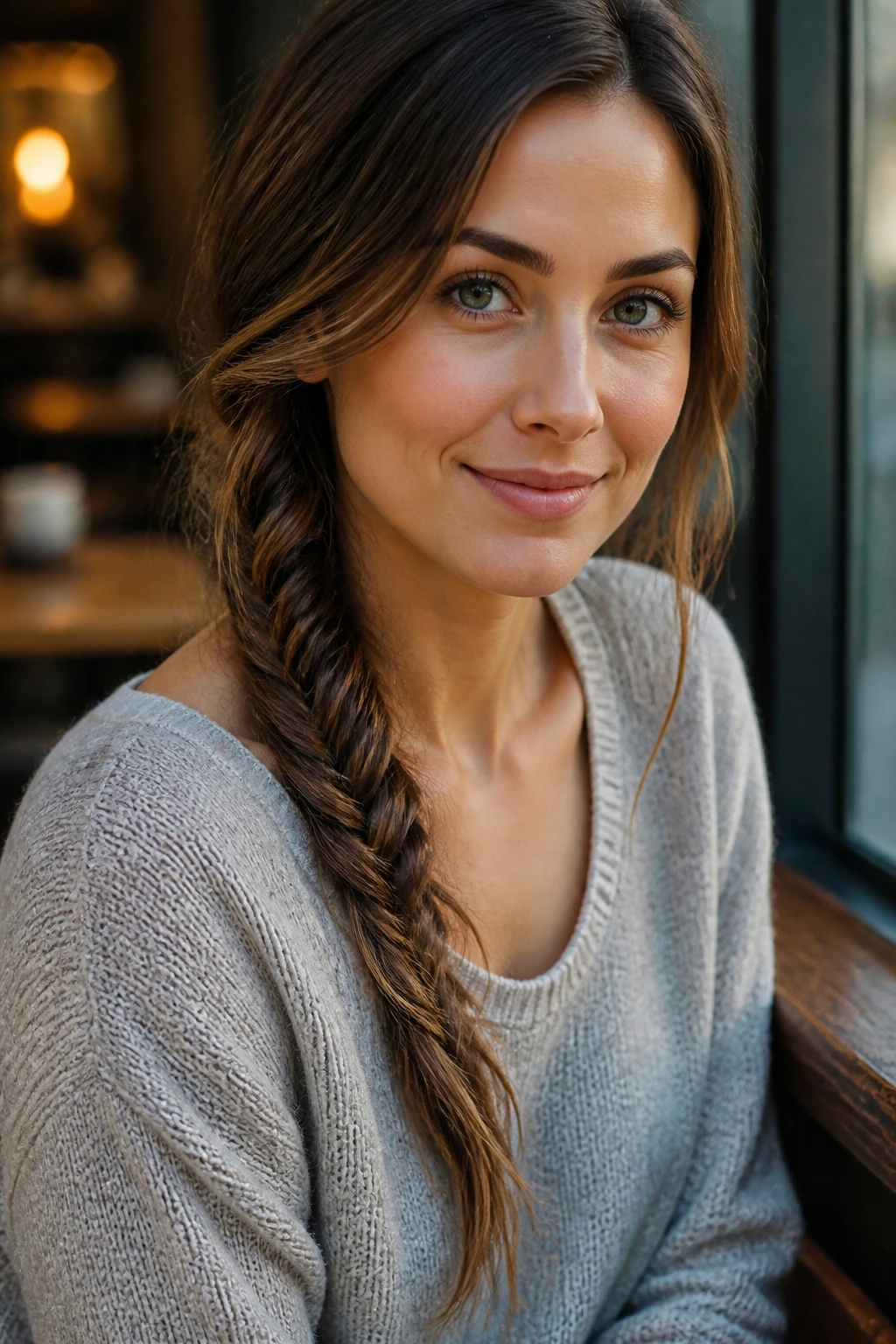 Portrait close-up showing a soft, loose side fishtail braid draped across the shoulder