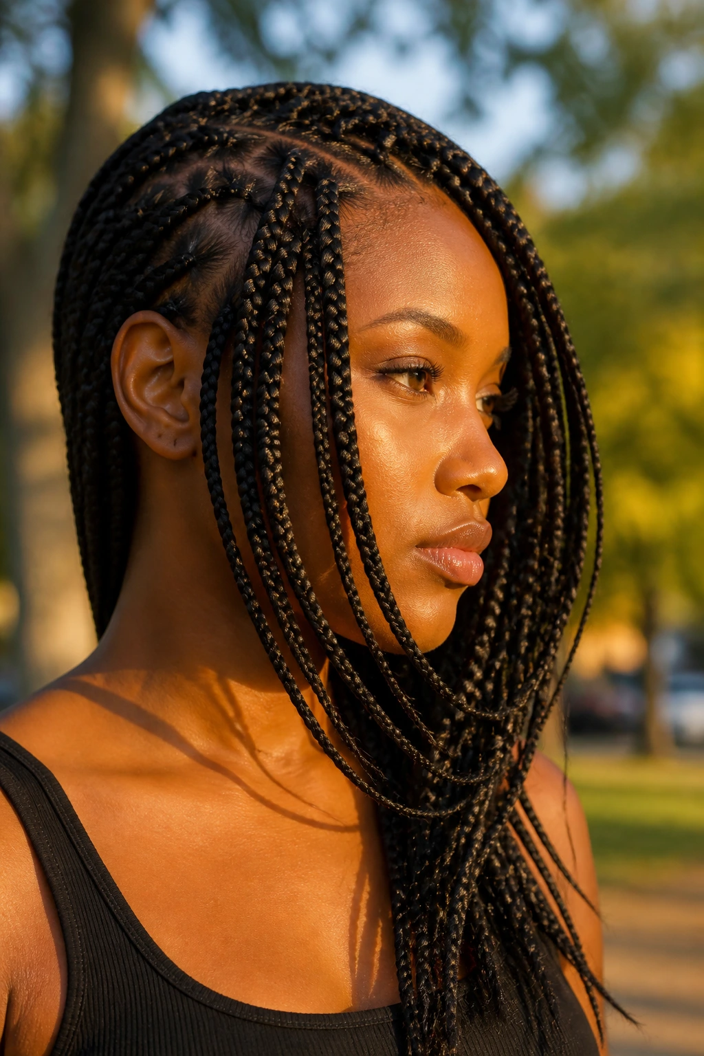 Close-up side-profile showing side-flip braids with arc layers