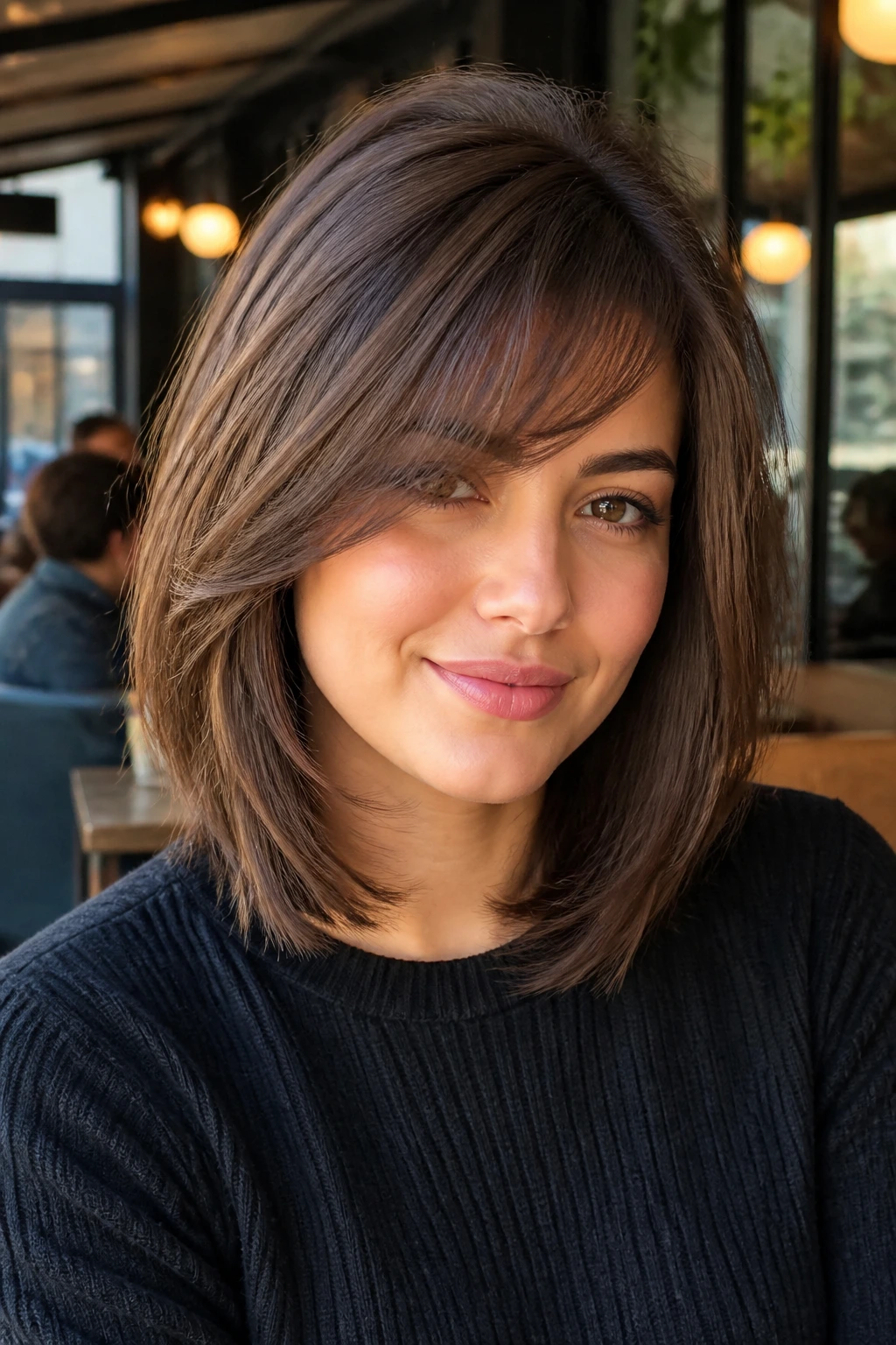 Portrait of a real woman with a side-flip lob and sweeping bangs