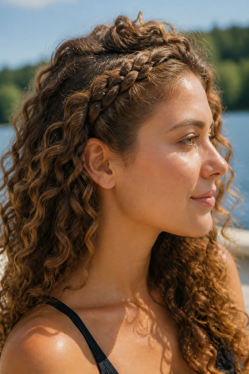 Real woman with a side French braid starting at the temple, by the lake.