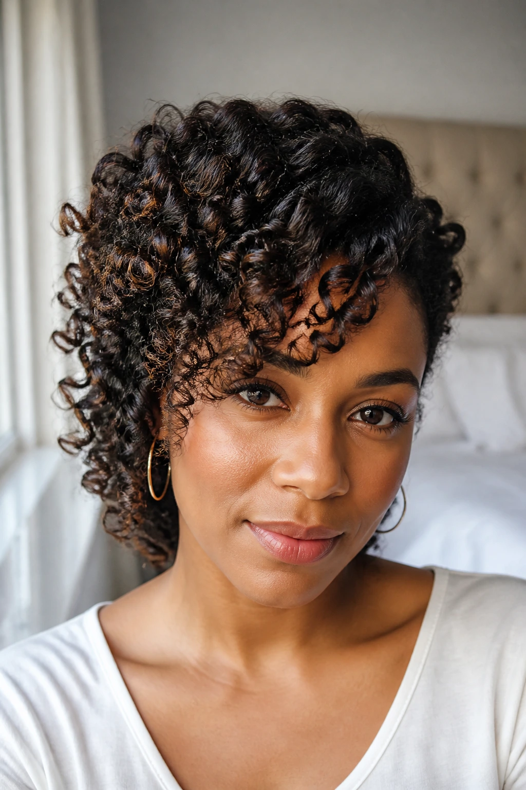 Close-up of a real woman's side-fringe wand curls skimming the forehead