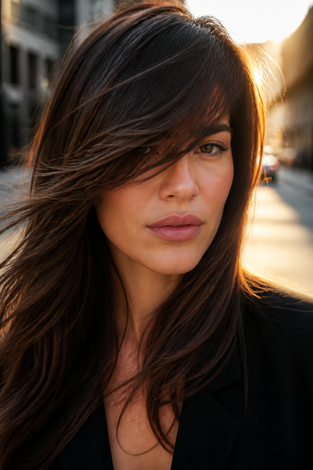 Portrait of a woman with glam side fringe catching light and showing movement