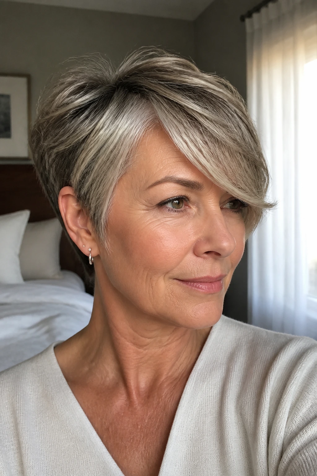 Close-up portrait of a real woman with a side-fringe long pixie hairstyle