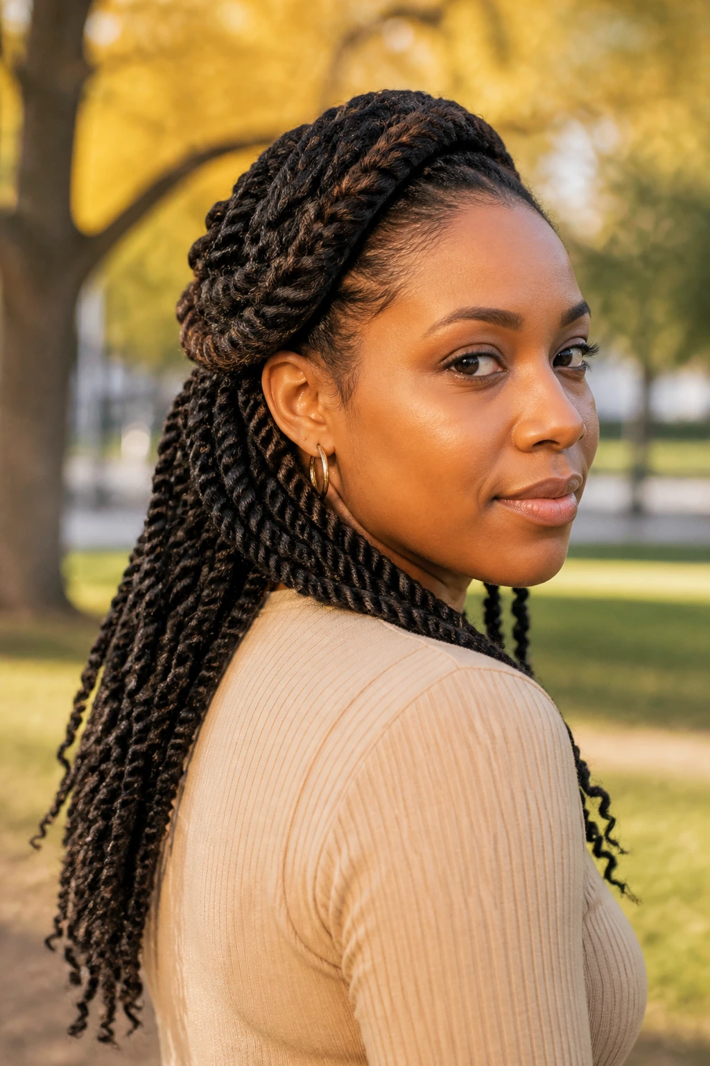 Portrait of a real woman with a side halo and loose back twists