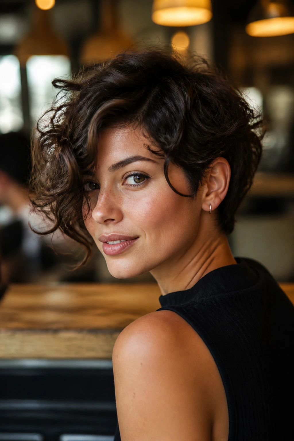 Close-up of a real person with side-heavy curl crop and curtain sweep