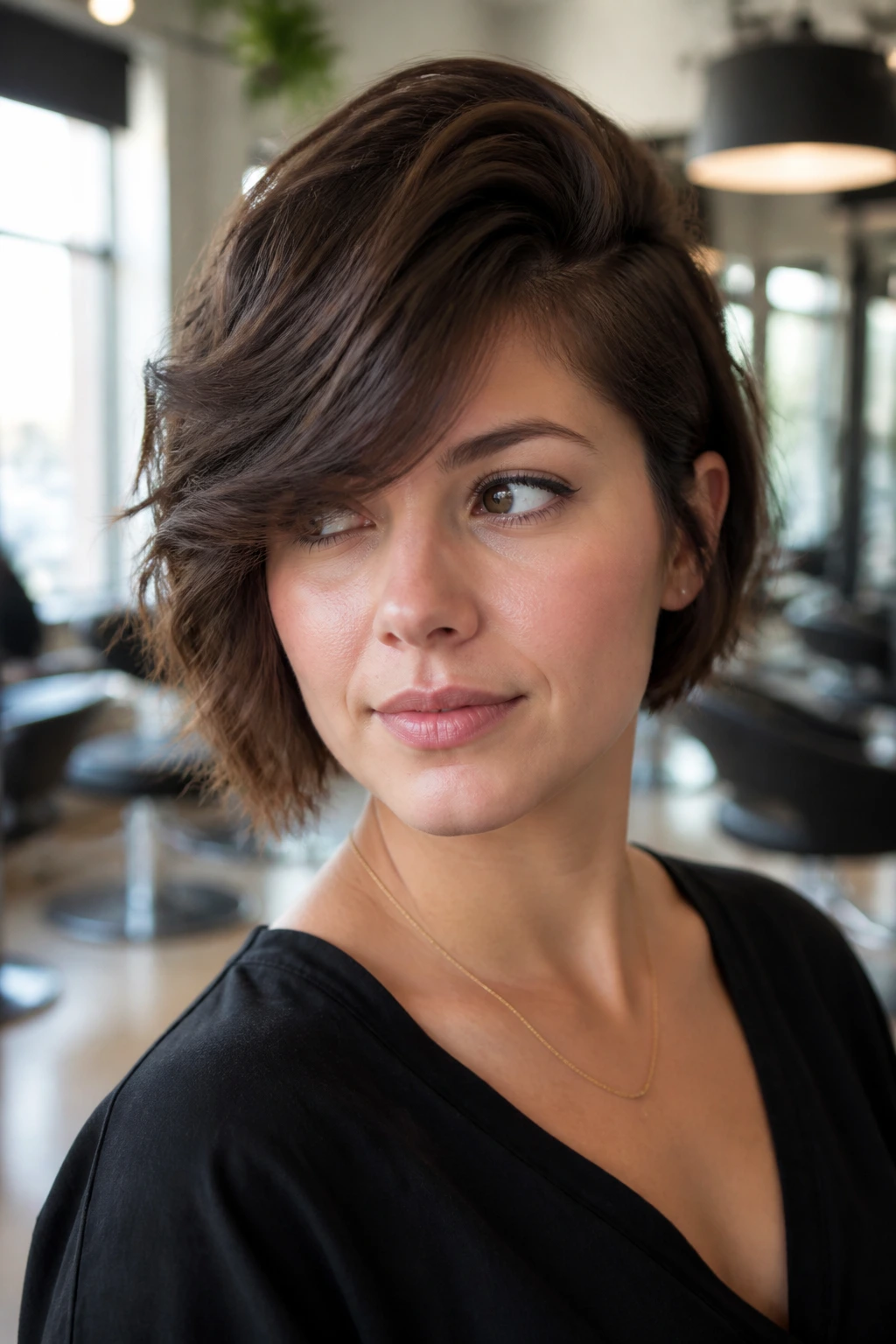 Close-up of a real woman with side-heavy fringe and lifted roots