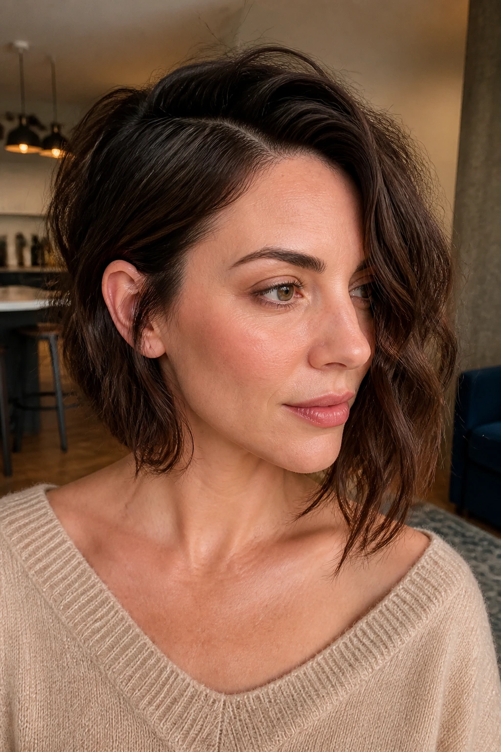 Close-up of a real woman with a side-part asymmetrical bob