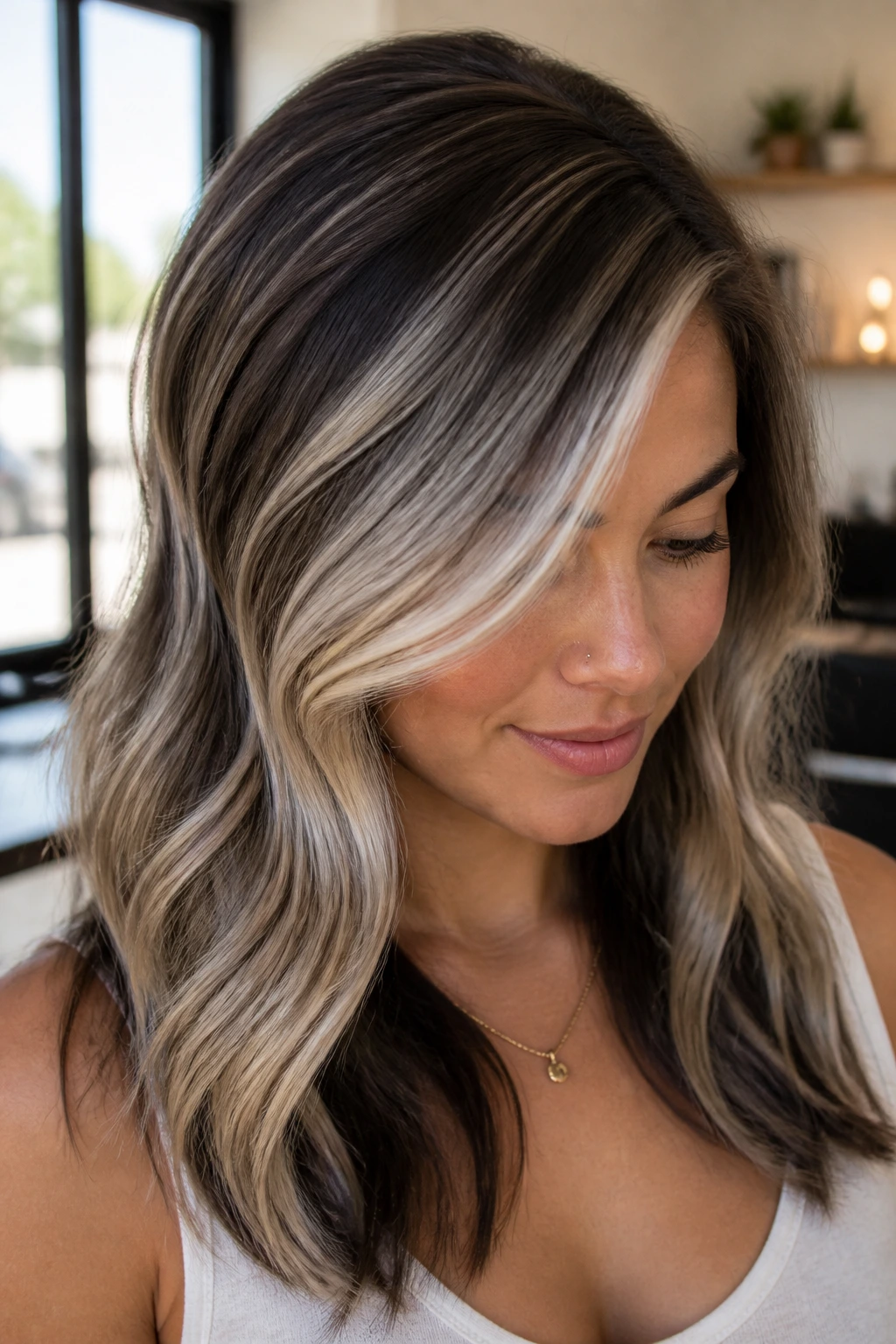 Real woman with side-part spotlight balayage showing bright ribbons on heavier side