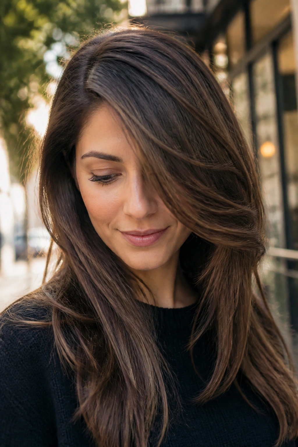 Close-up portrait of a real woman with a deep side-part curtain sweep