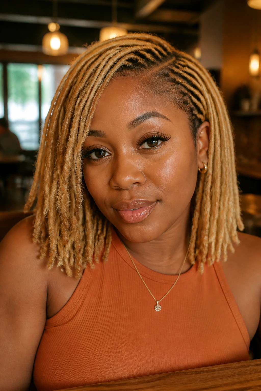Close-up portrait of a real Black woman with a side-part Blonde Lob