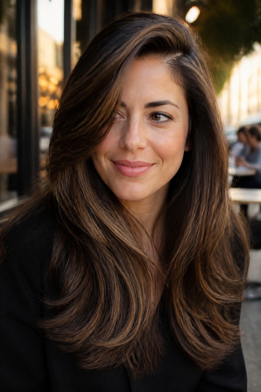 Close-up of a real woman with an umber side-part blowout in cafe light