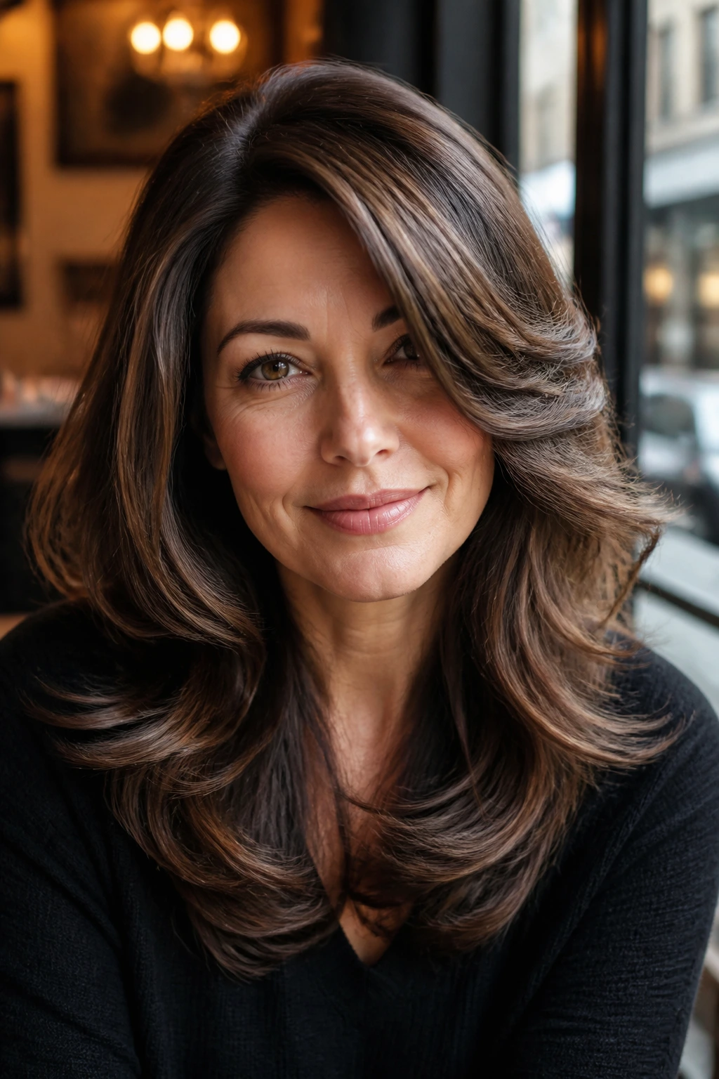 Real woman with a deep side-part blowout and floating layers.