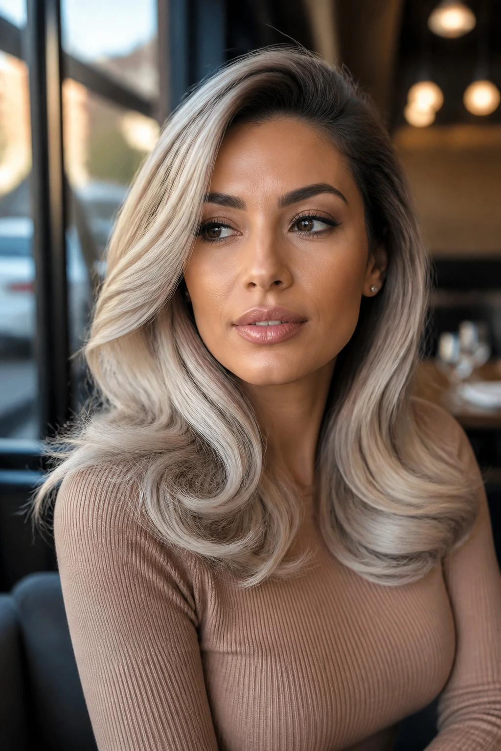 Real woman with side-part blowout and pearl ends icy blonde color