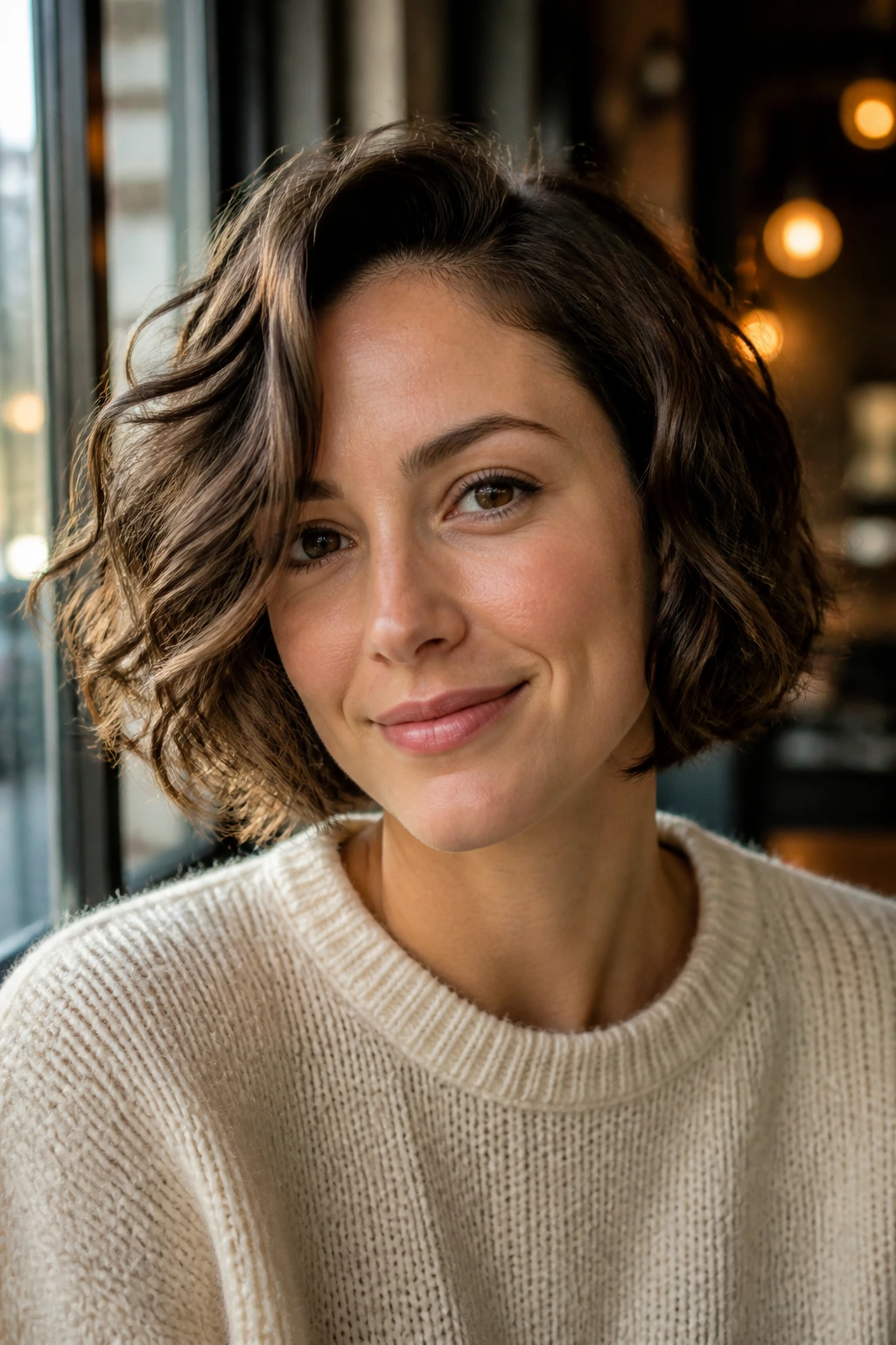 Close-up of a person with a side-part bob under warm cafe light