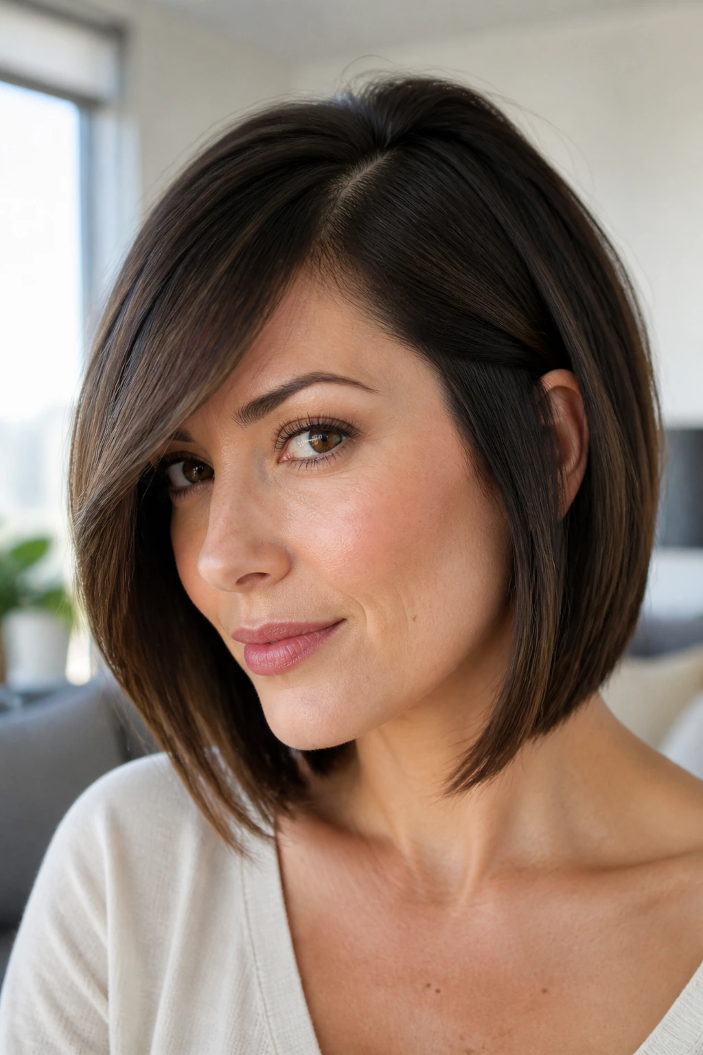Portrait of a real woman with deep side part and long cheekbone bangs.