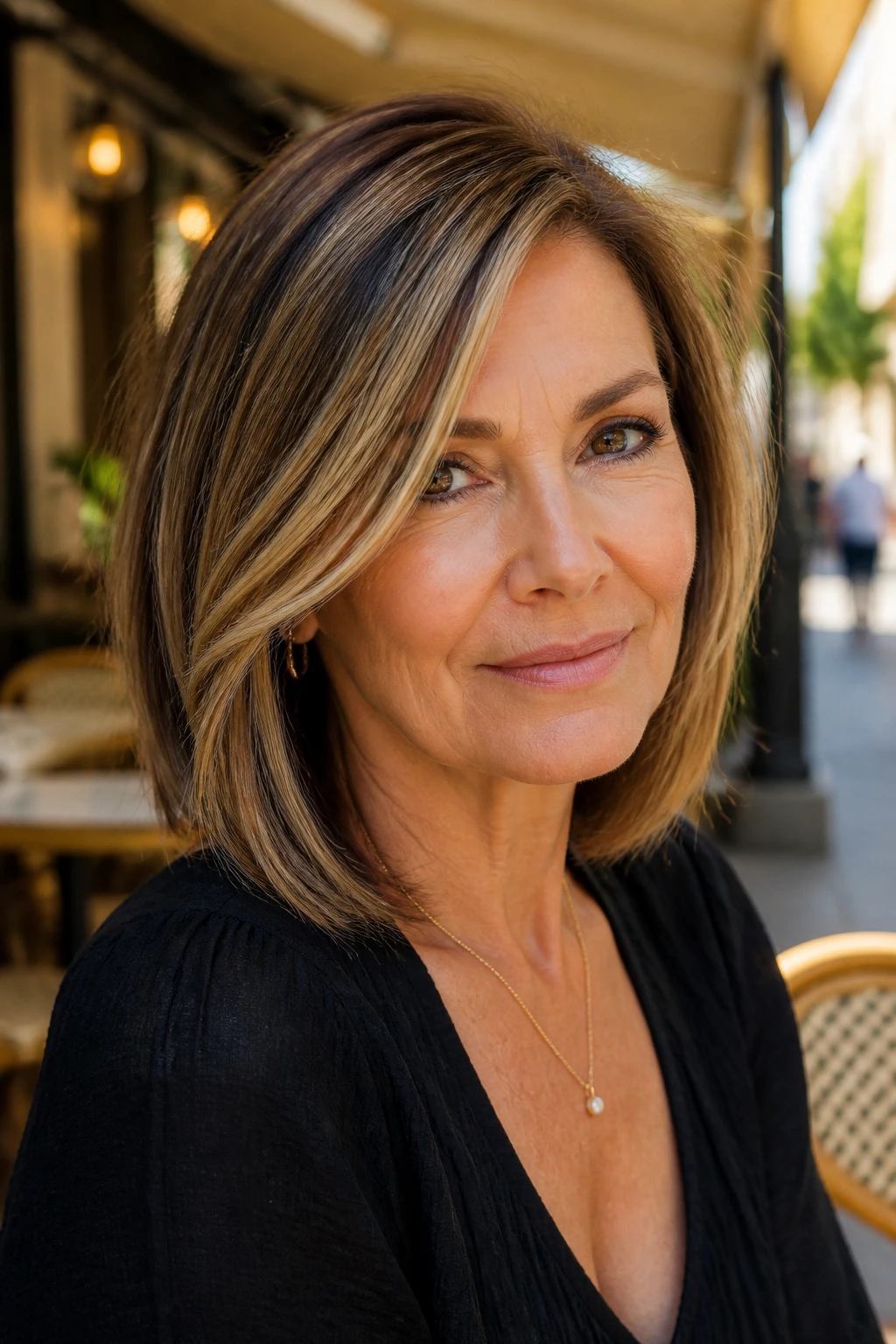 Side-part bob with caramel face-framing babylights