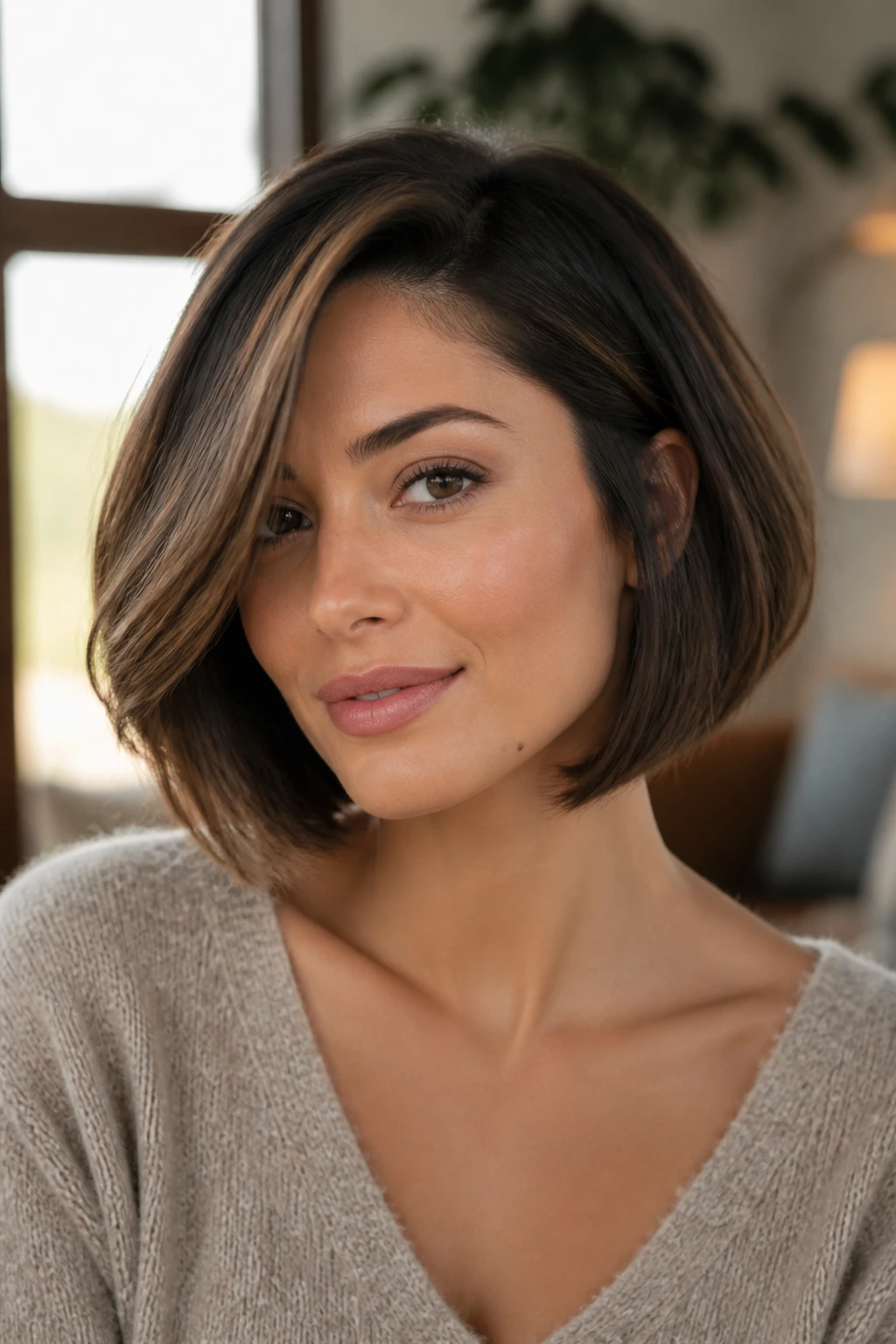 Close-up of a woman with a side-part bob highlighting cheekbones in warm window-light.