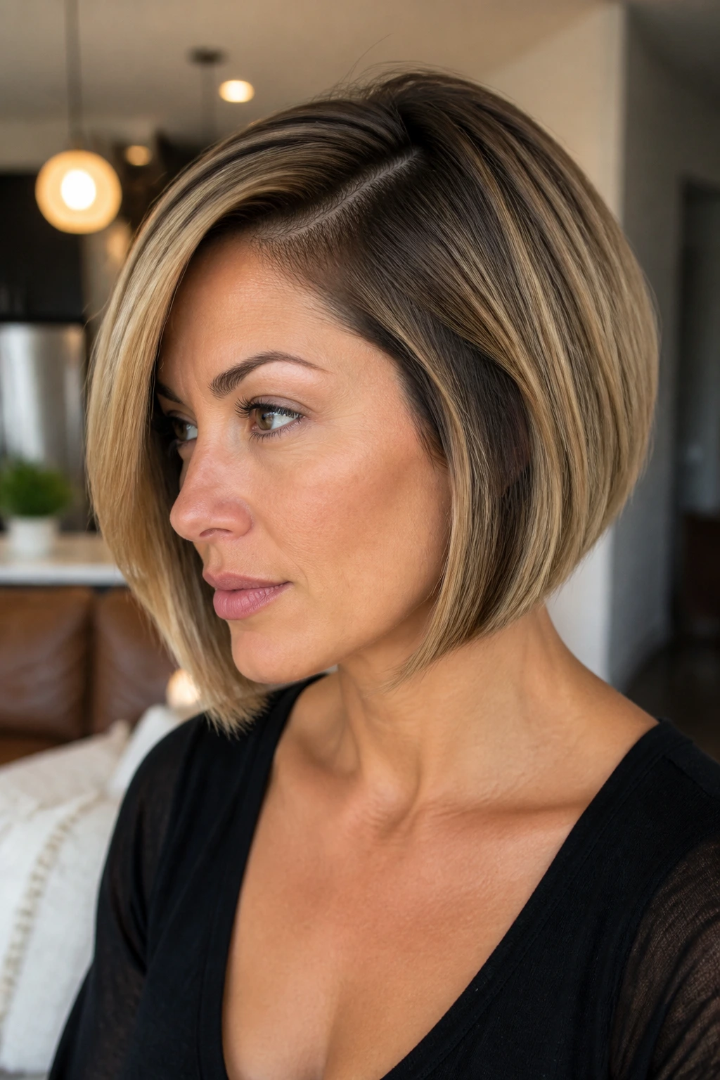 Portrait of a real woman with side-part bob and chestnut interior lowlights in warm apartment light