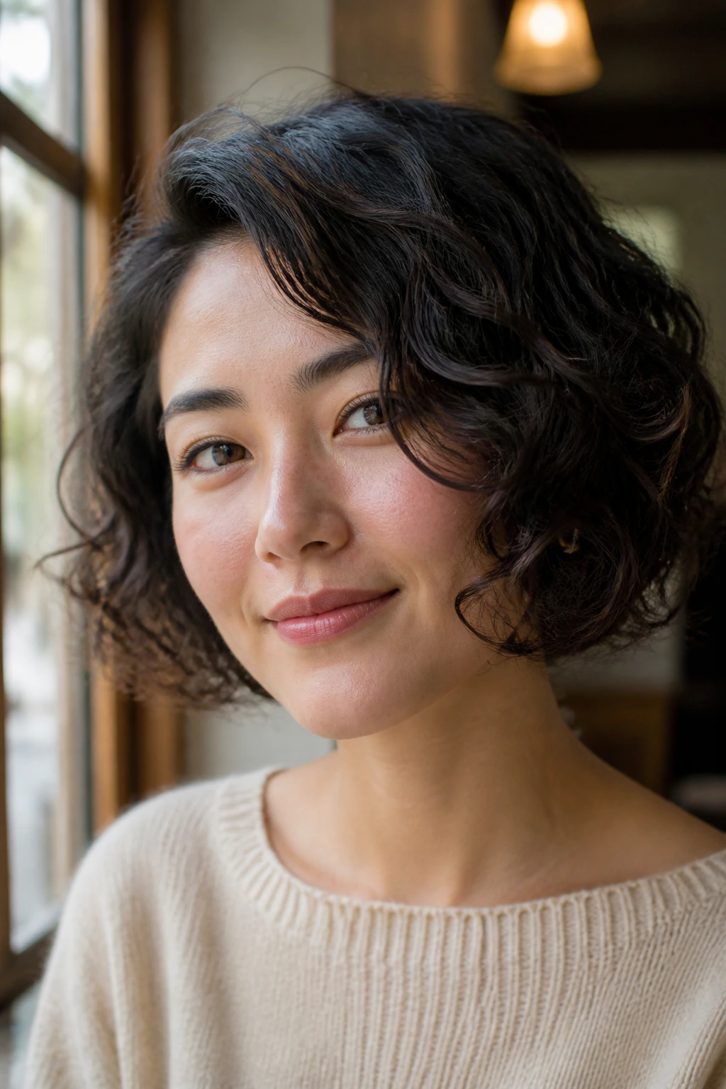 Close-up of a real woman with a side-part swing bob and curly hair under warm cafe light