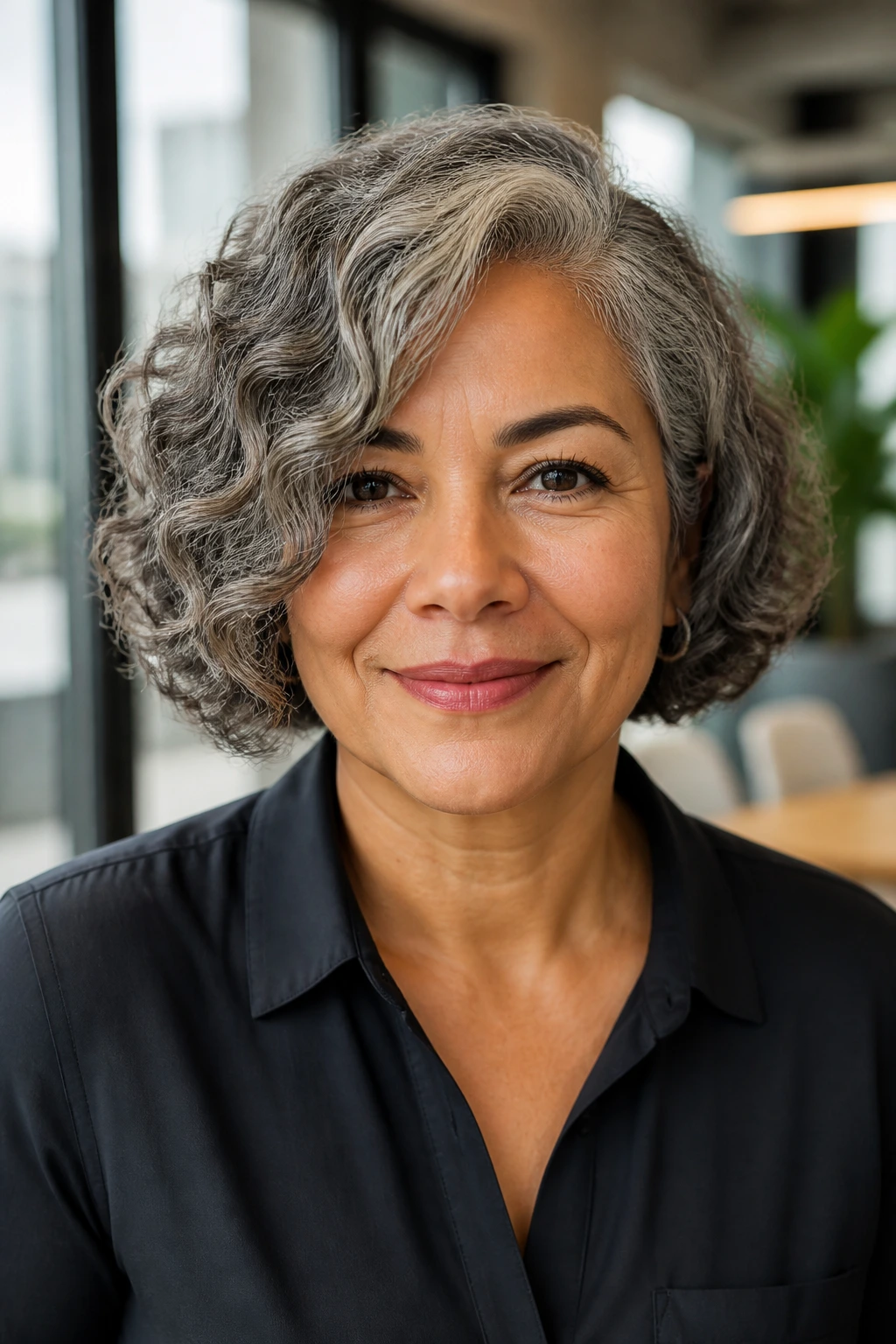 Portrait of a woman with side-part bob and soft edges