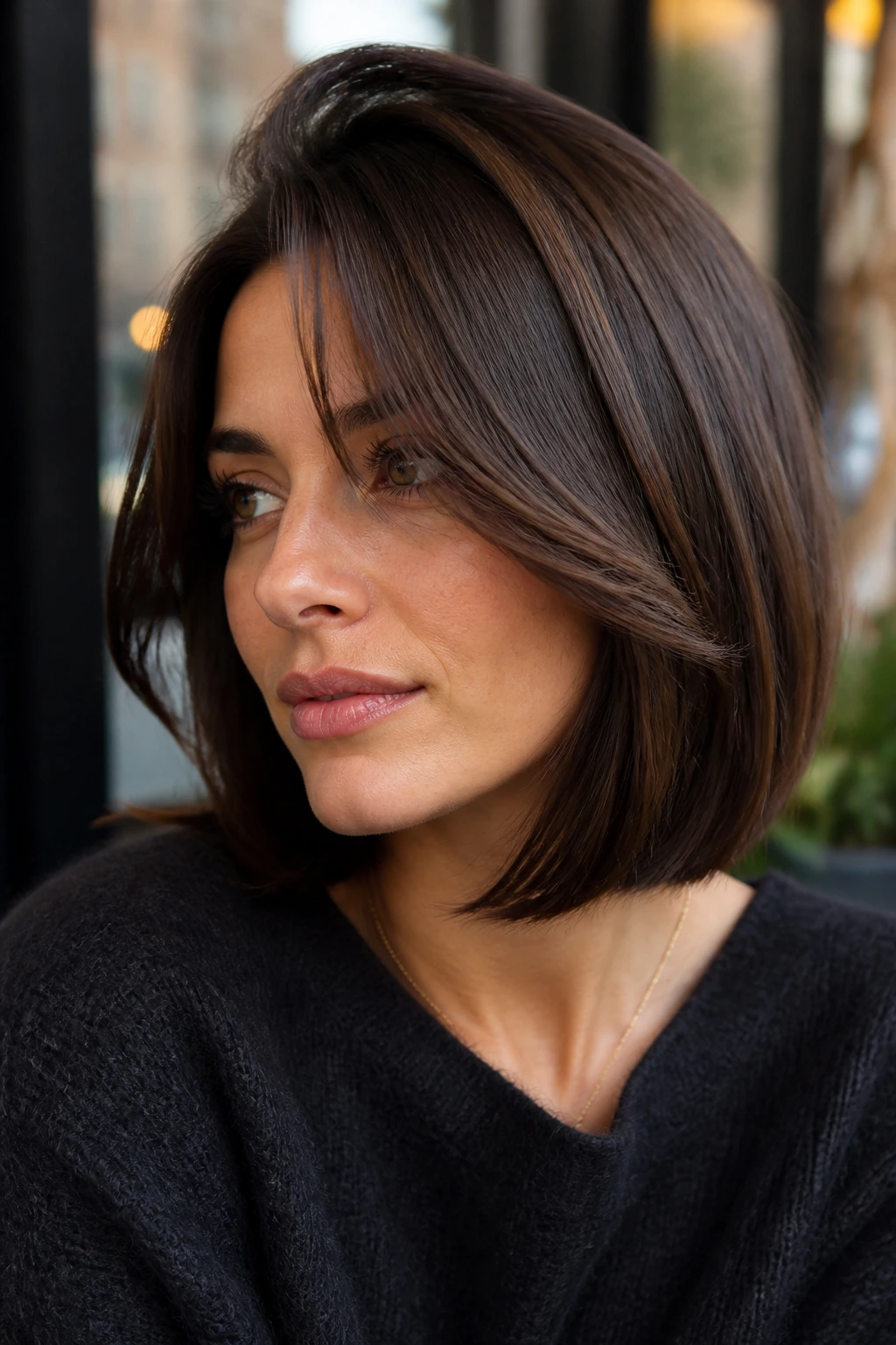 Real woman with a side-part curtain-bangs bob in a street-side cafe setting.