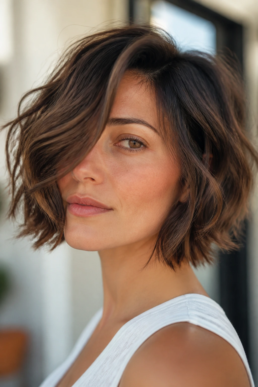 Person with swingy side-part bob