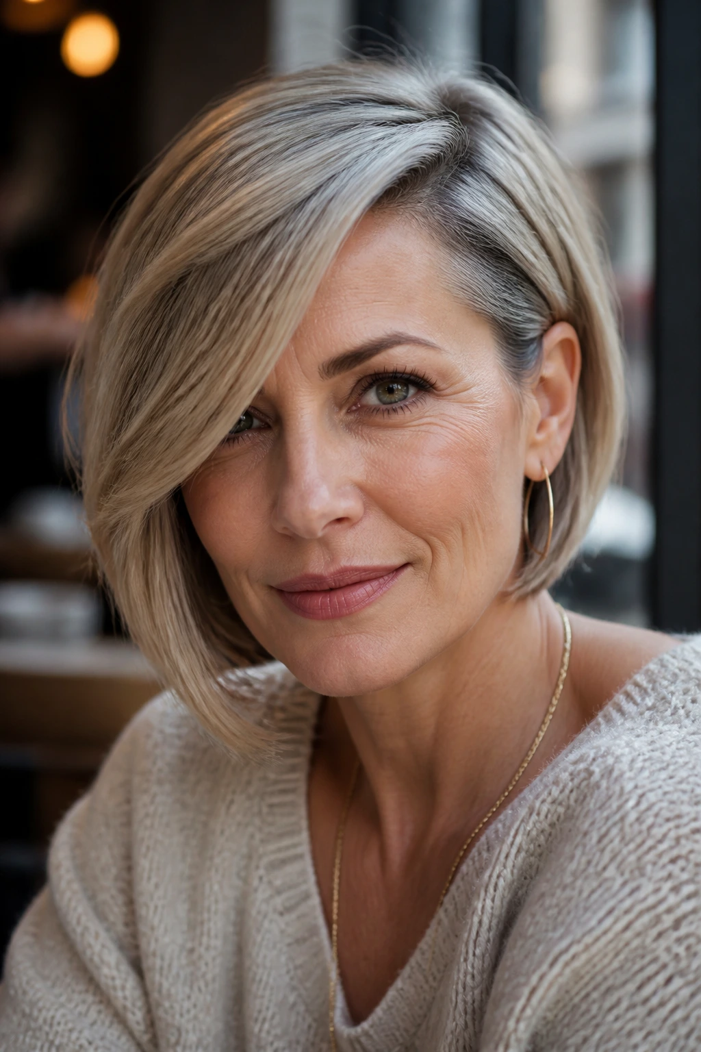 Portrait of a real woman with deep side-part bob and sweeping fringe