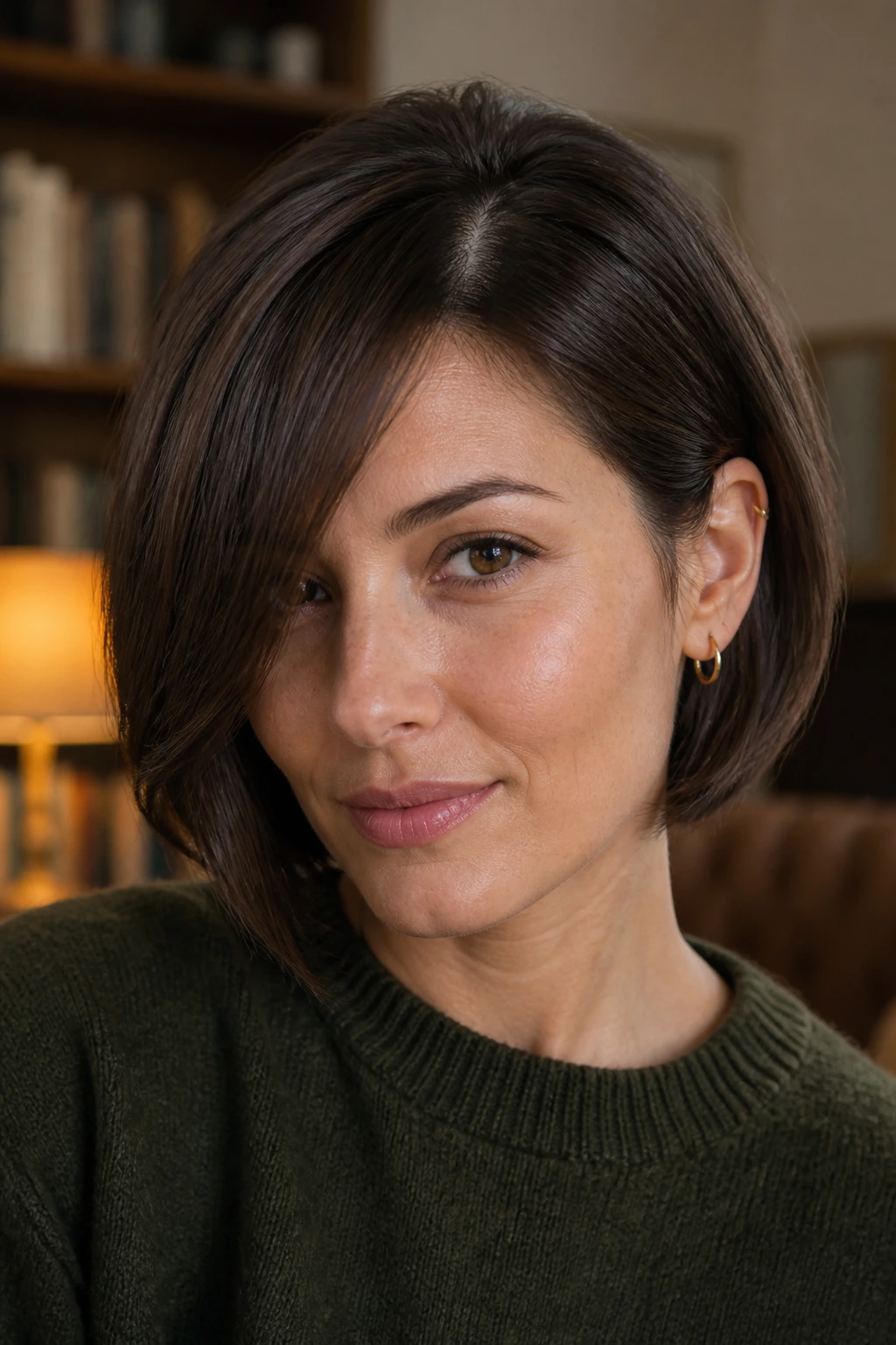 Close-up portrait of a real woman with a side-parted bob and long fringe.