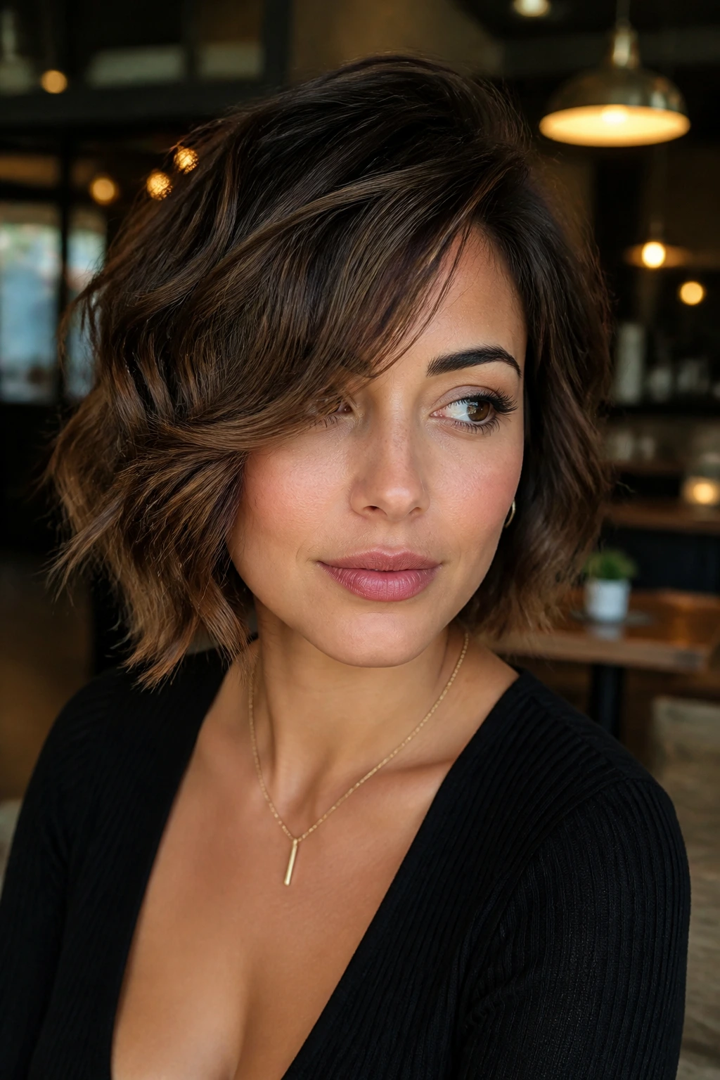 Portrait of a real woman with deep side part and long fringe in cafe light