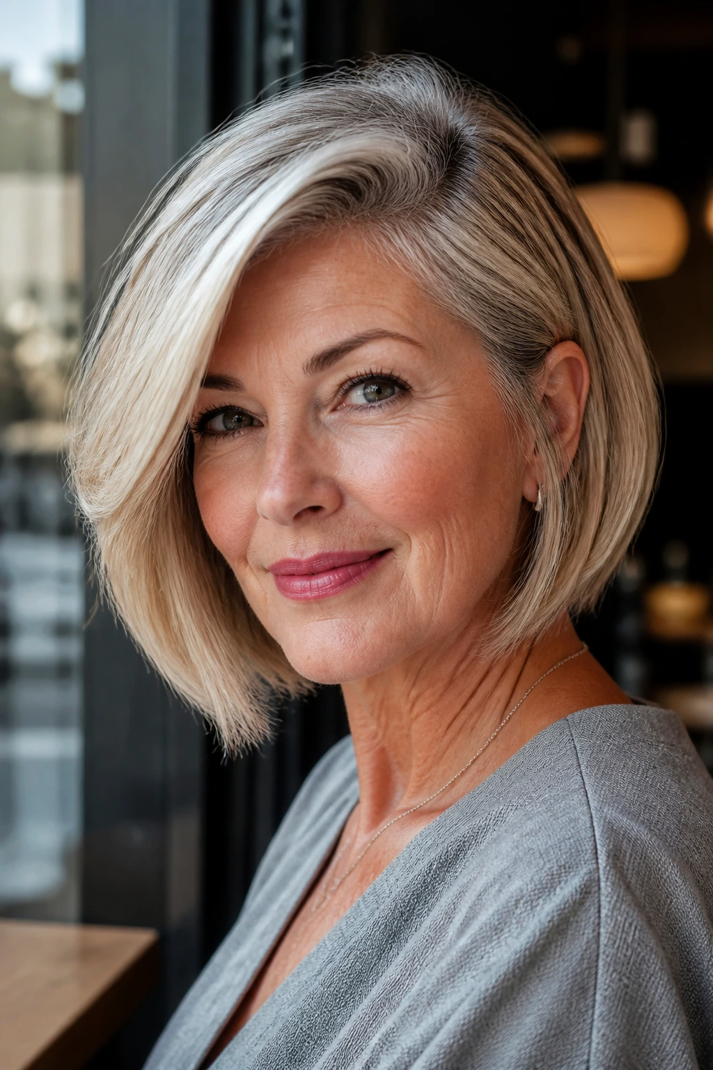 Close-up of a woman with a deep side-parted bob swept to one side
