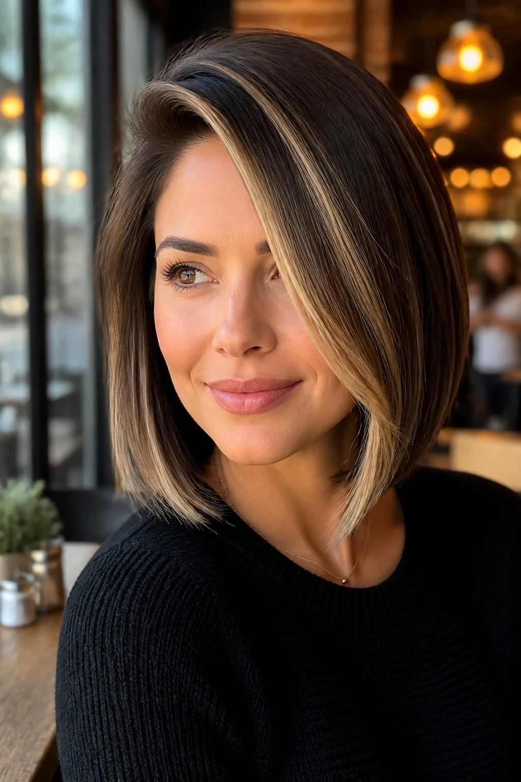 Portrait of a real woman with a deep side-part bob and sweeping face-frame highlights