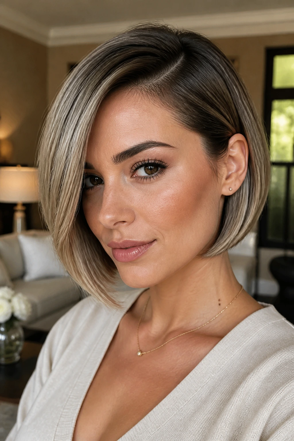 Close-up portrait of a woman with a side-parted sleek bob and pearl-toned babylights near the cheek.