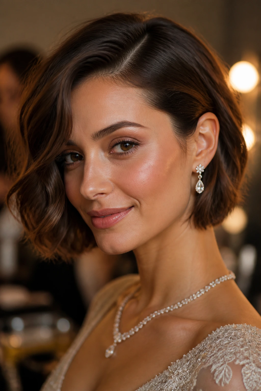 Close-up of a real woman with side-parted soft wave bob.