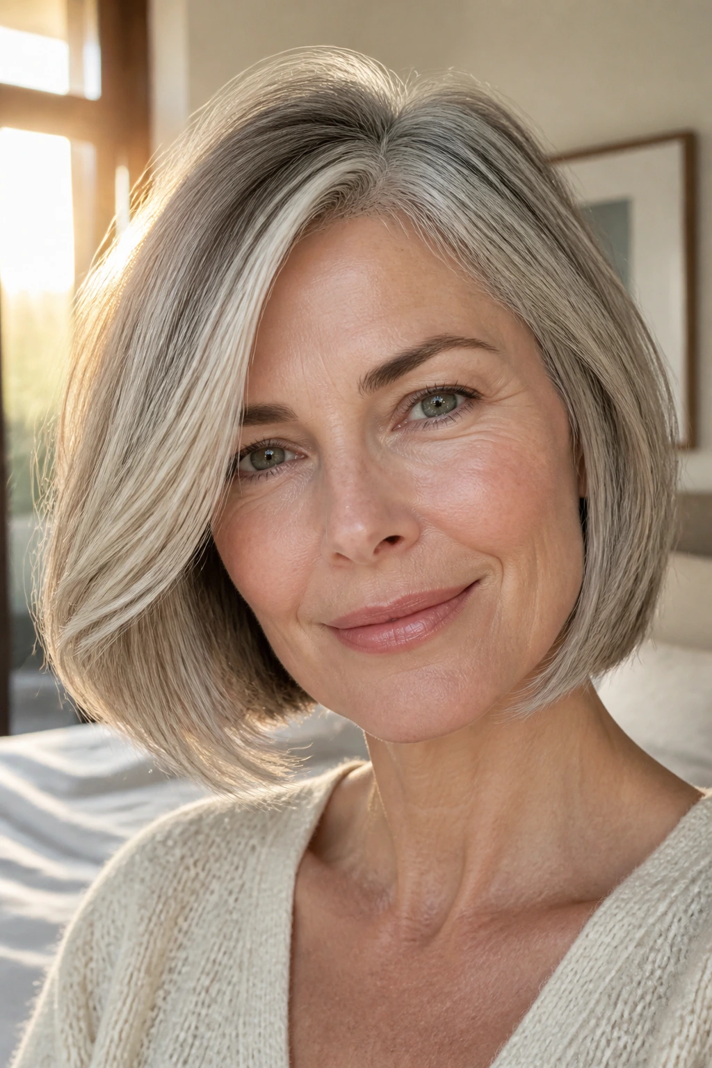 Close-up of a woman with a side-part swing bob in warm natural light.
