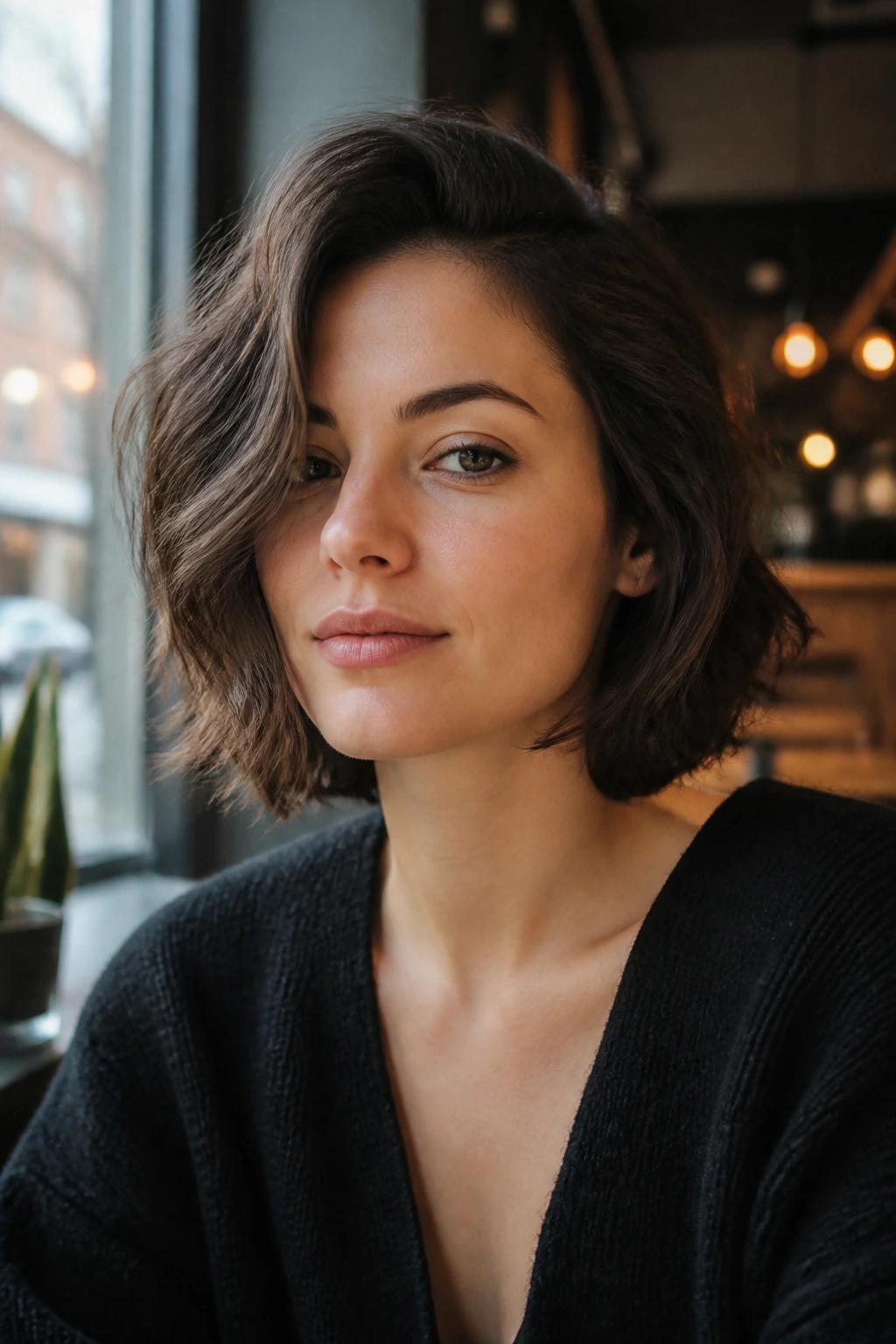 Portrait of a woman with deep side-part soft bob and waves