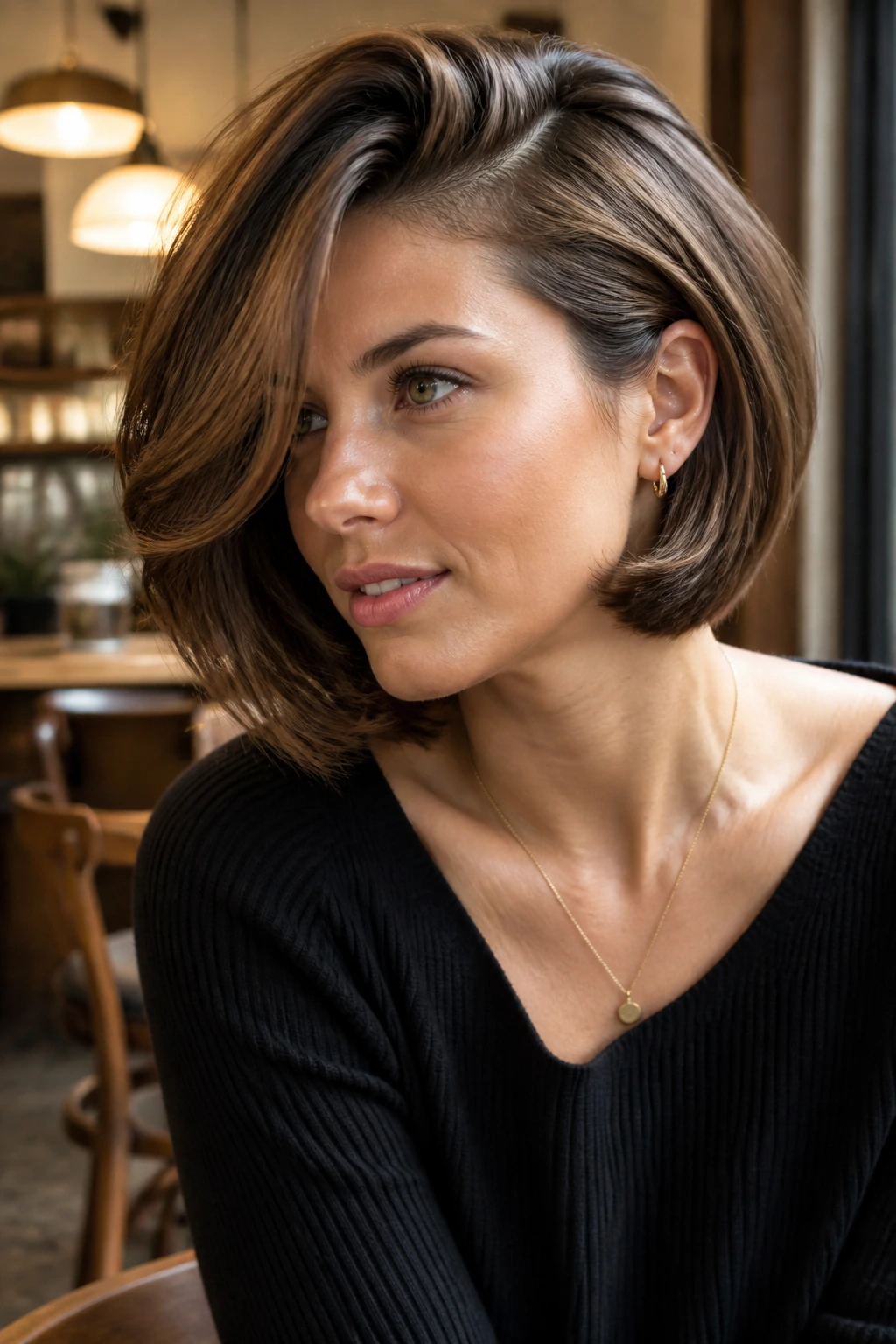 Close-up of a real woman with a side-part bob and sweeping fringe in warm cafe light