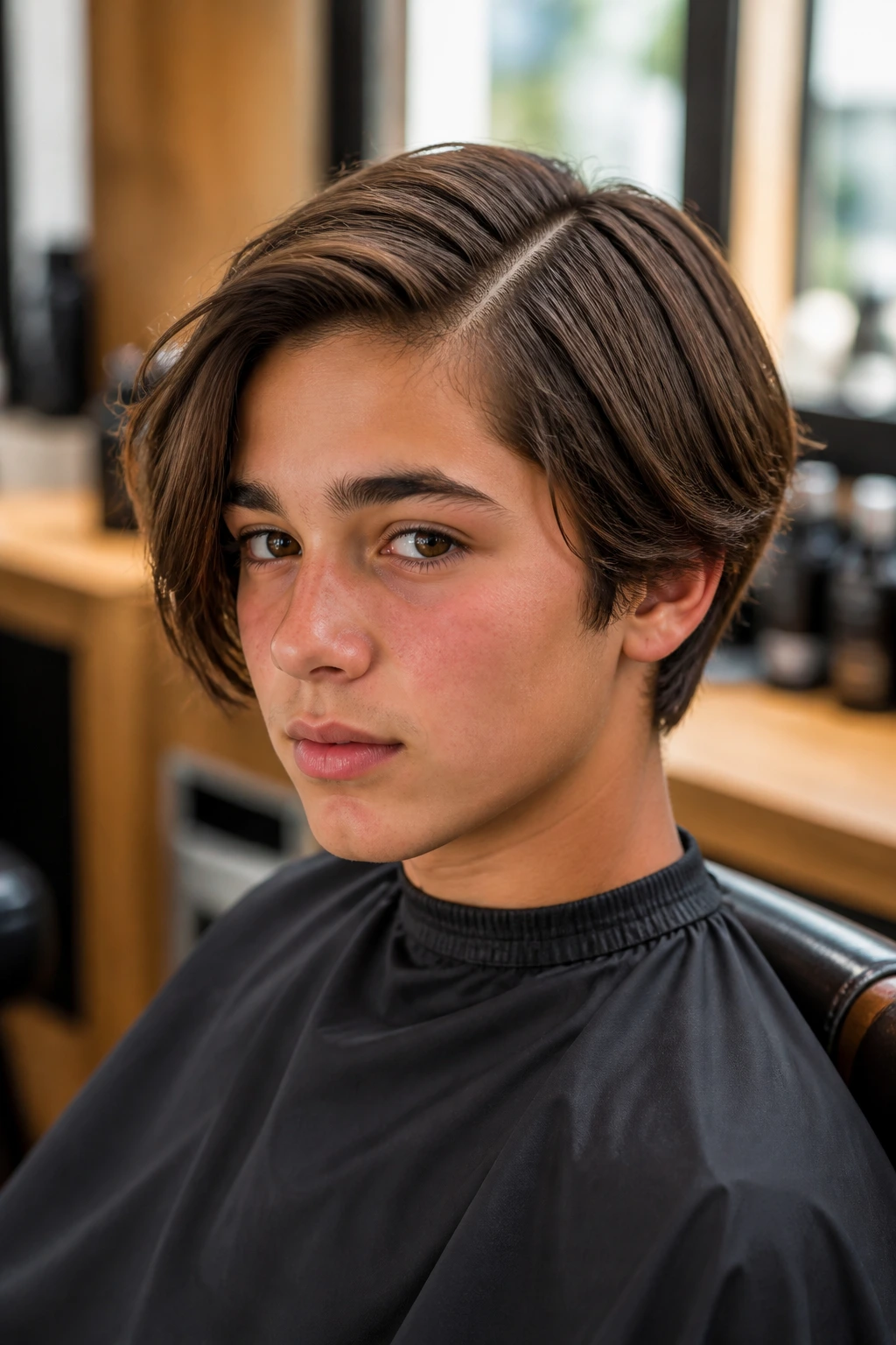 Close-up portrait of teen boy with thick side-part bob in barbershop